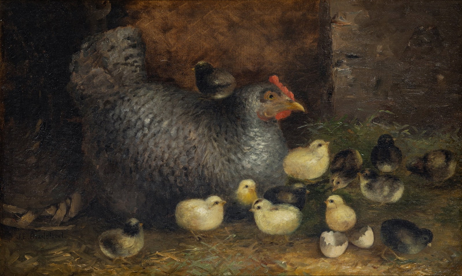 Josephine E. Bradstreet: American, 1859-1920 A Hen and Her Chicks Signed J. E. Bradstreet (ll) Oil on canvas 16 x 26 inches (40.6 x 66 cm) (Framed 23 x 33 1/4 inches)