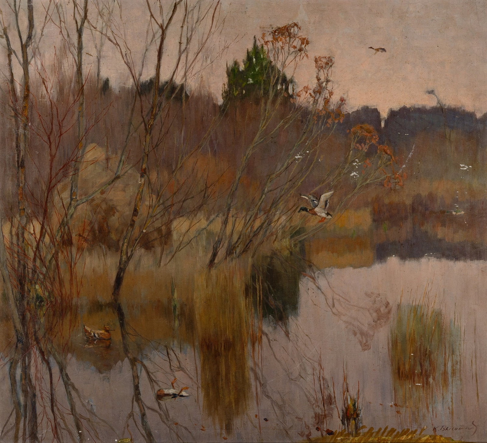 Konstantin Semionovich Vysotsky: Russian, 1864-1938 Marsh Signed K. Vysotsky in Cyrillic (lr) Oil on canvas 21 x 23 inches (53.3 x 58.4 cm) (Framed 27 1/2 x 29 1/2 inches) A few scattered small losses. Soiling to