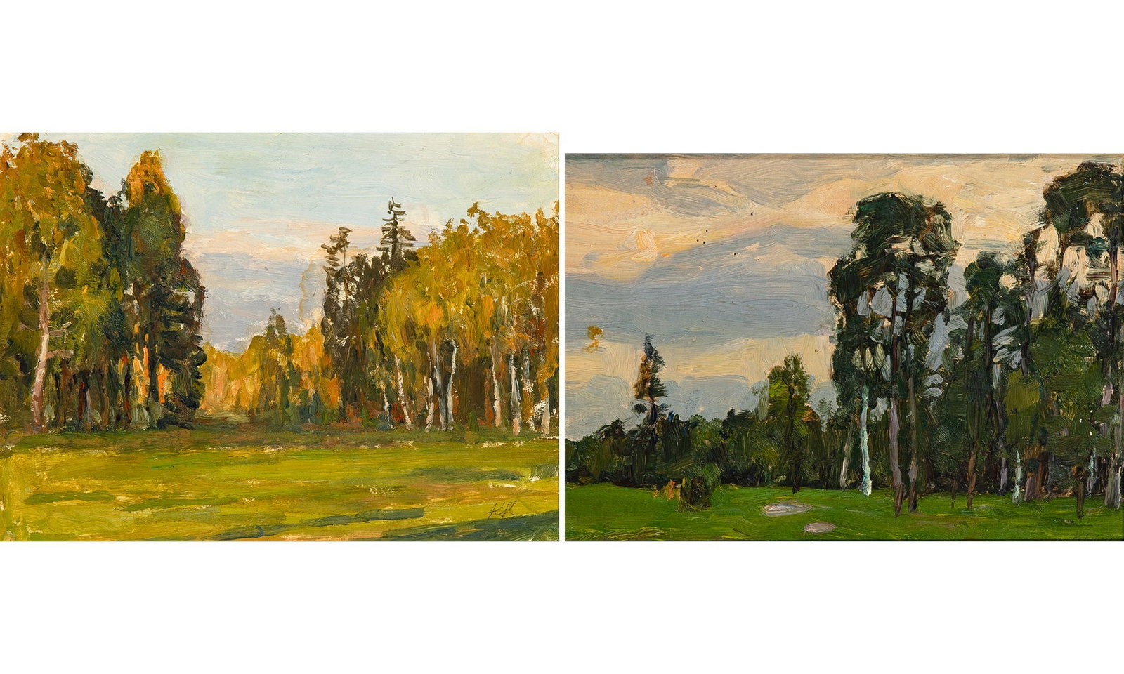 Konstantin Semionovich Vysotsky: Russian 1864-1938 Landscapes: Two One signed K. Vysotsky in Cyrillic (lr); the other signed with initials KB Oil on board Each 5 3/4 x 8 inches (14.6 x 20.3 cm) (Framed large