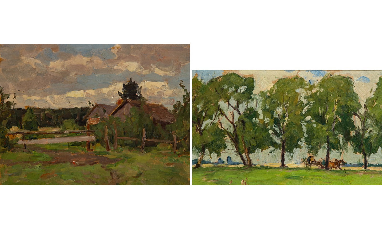 Konstantin Semionovich Vysotsky: Russian 1864-1938 (i) View of a Country Home Signed with Cyrillic initials KB (lr) Oil on board 8 3/4 x 11 inches (22.2 x 27.9 cm) (ii) View of Trees with a Carriage Signed K. Vy
