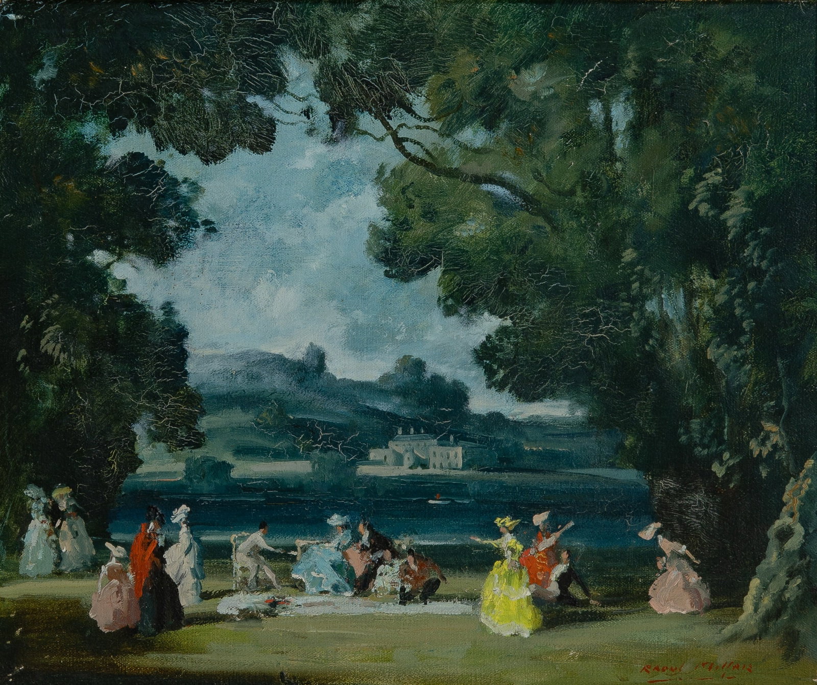 Raoul Millais: British, 1901-1999 Picnic by the Water Signed Raoul Millais (lr) Oil on canvas 10 1/4 x 12 1/8 inches (26 x 30.8 cm) (Frame 16 1/2 x 18 1/8 x 2 3/4 inches) Frame rubbing, pinholes along the edges,