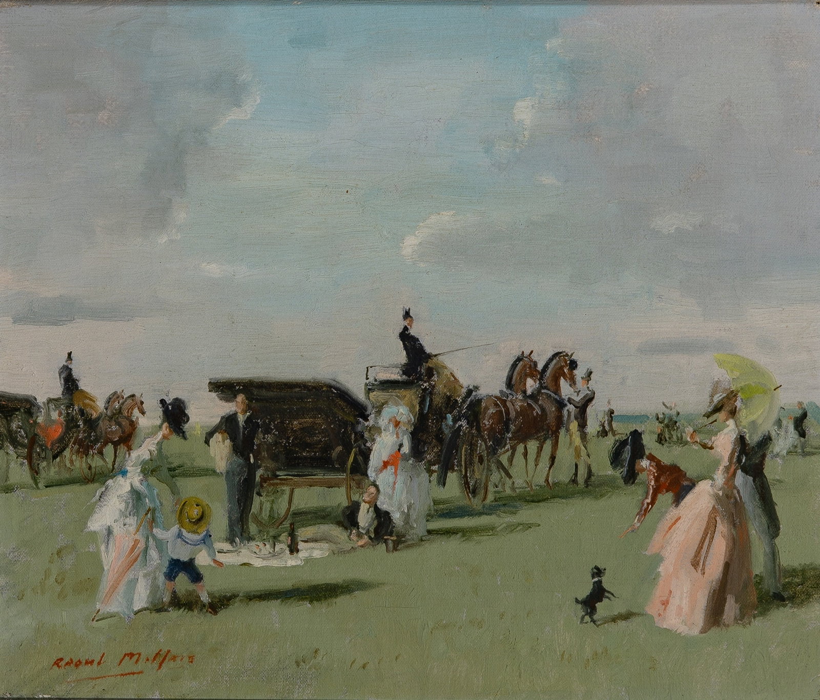 Raoul Millais: British, 1901-1999 Park Picnic Signed Raoul Millais (ll) Oil on canvas 10 1/4 x 12 1/8 inches (26 x 30.8 cm) (Frame 16 1/2 x 18 1/8 x 2 3/4 inches) Overall good condition. Frame rubbing, pinholes