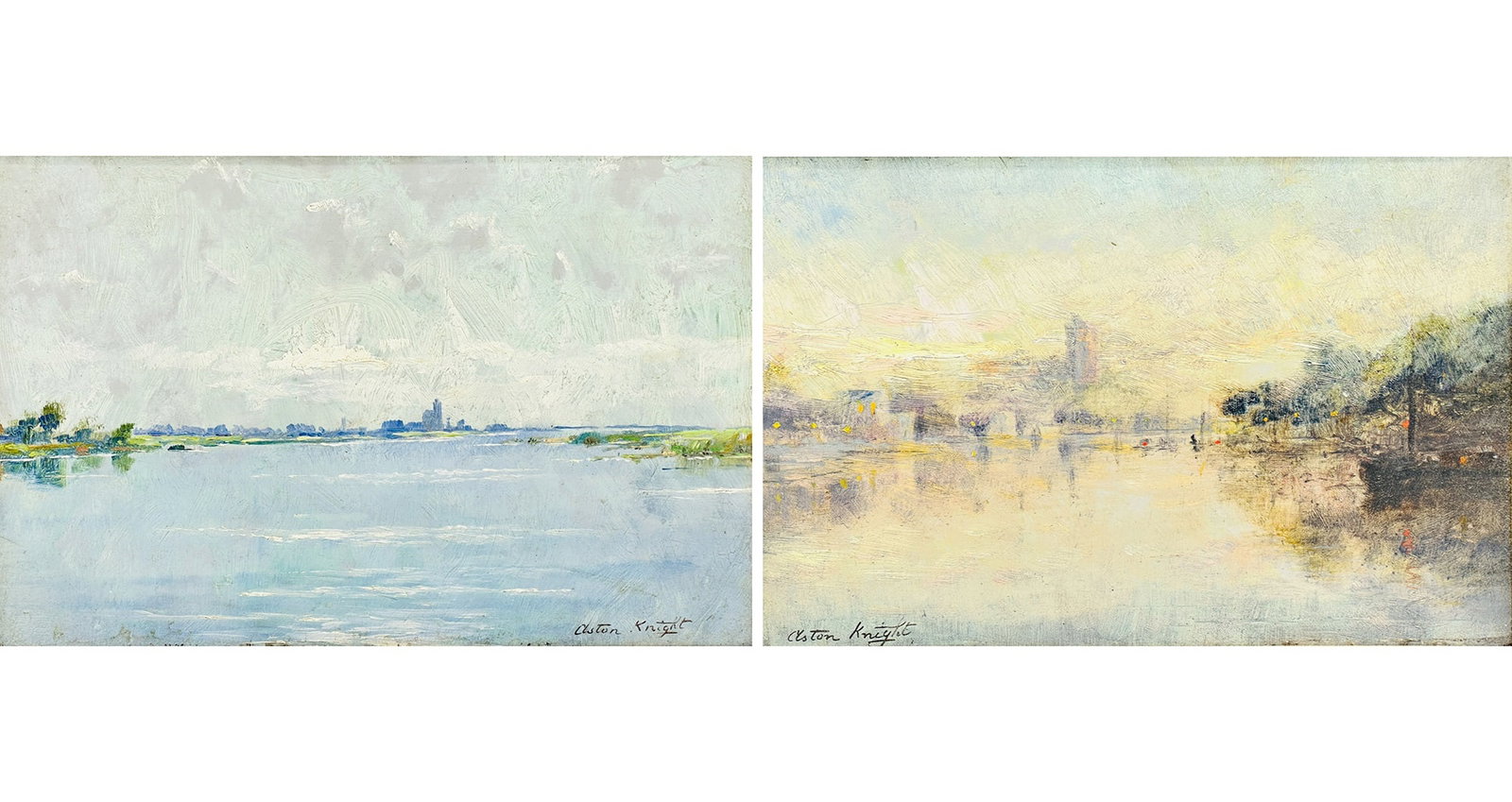 Louis Aston Knight: American, 1873-1948 River Scenes: two works Signed Aston Knight (lr) and (ll) Oil on panel Each sight 6 5/8 x 10 inches (16.8 x 25.4 cm) Provenance: The artist, thence by descent through the family