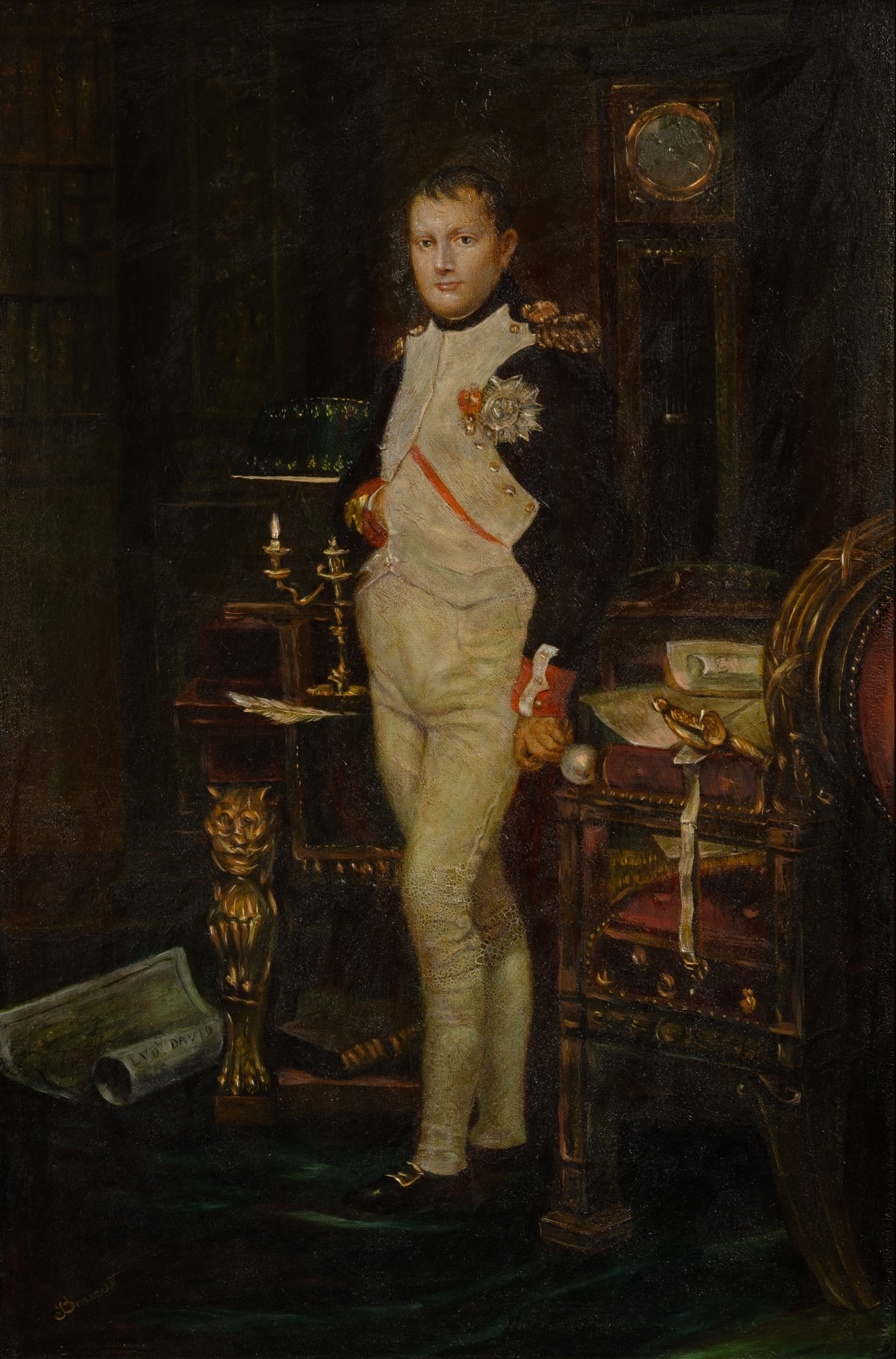 After Jacques Louis David: 20th Century Napoleon in his Study at the Tuileries Oil on canvas 36 x 24 inches (91.5 x 61 cm) (Frame 42 x 29 3/4 inches) In good condition