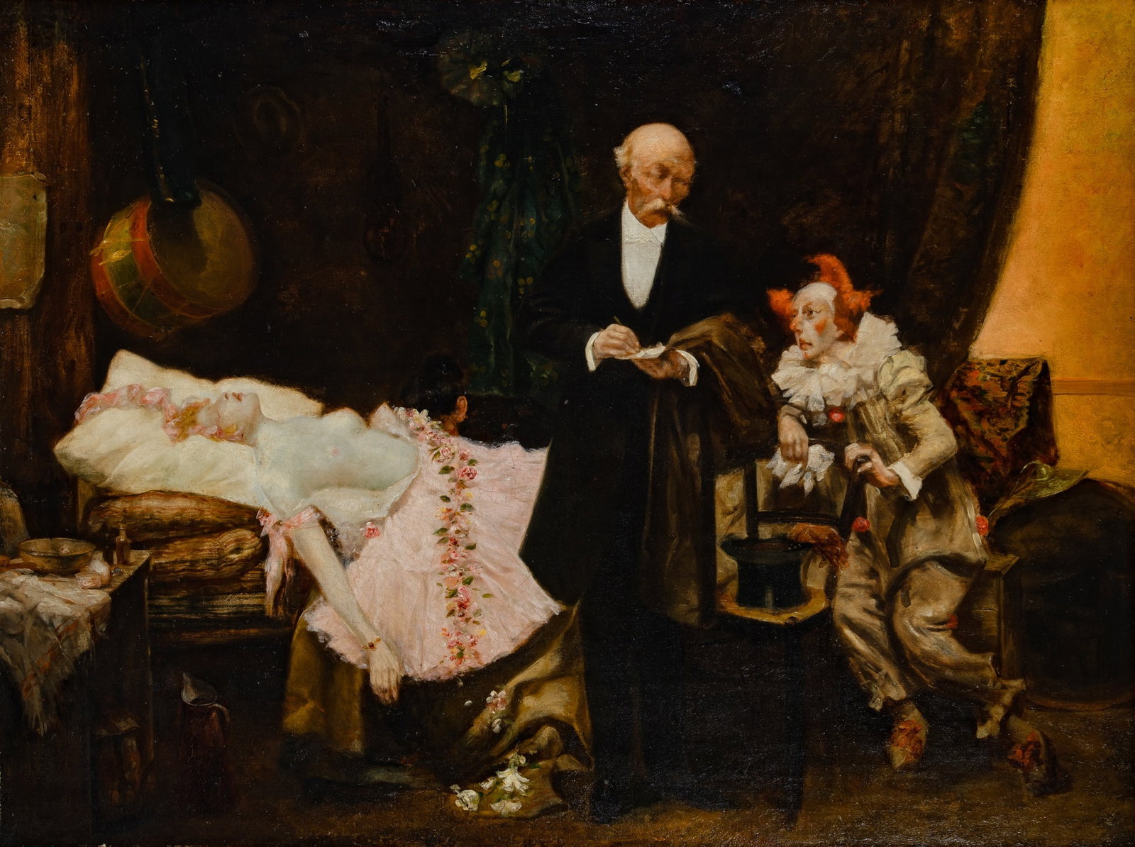 Achille Talarico: Italian, 1837-1902 Her Final Act Bears signature A.Talaricco [sic] (lr) Oil on canvas 36 x 48 inches (91.5 x 122 cm) Unframed Glue relined; edged with paper tape; scattered craquelure; scattered