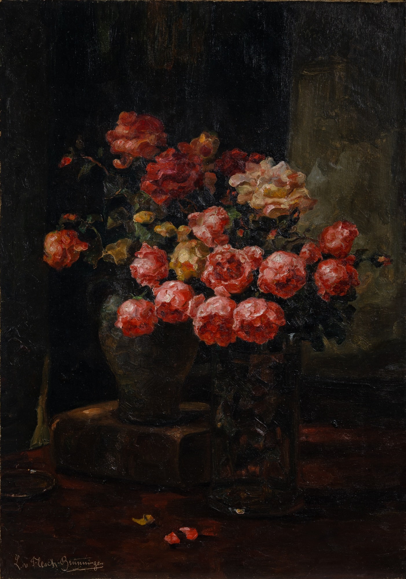 Luma von Flesch-Brunningen: Czech, 1856-1934 Still Life with Roses Signed L v Flesch-Brunningen (ll) 40 1/4 x 28 1/2 inches (102 x 72.4 cm) Unframed Canvas is unframed with the edges lined over the stretcher. Some undulations