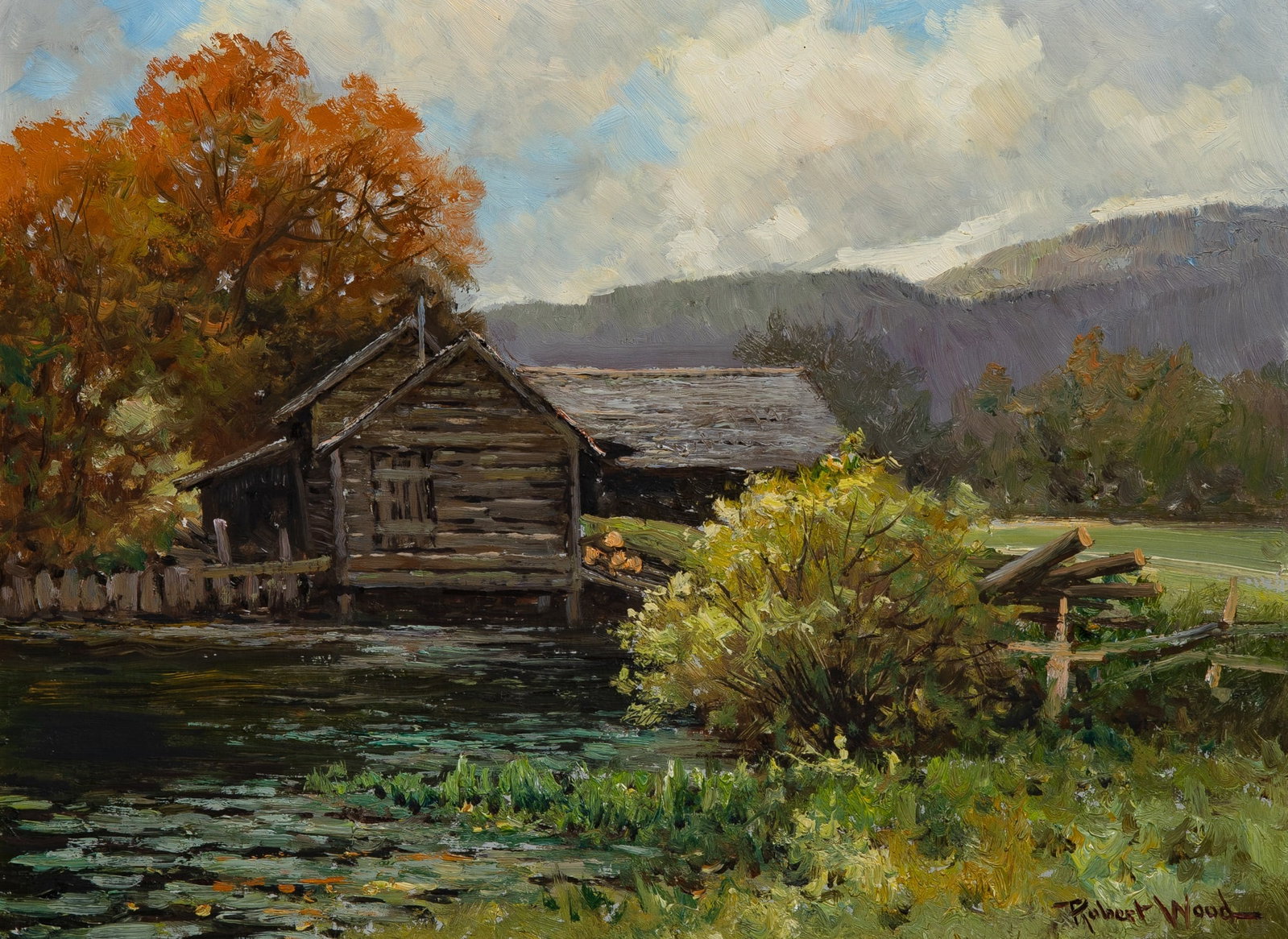 Robert Wood: Canadian, 1919-1980 Schults Mill, Woodstock, N.Y. Signed Robert Wood (lr); inscribed as titled on the reverse Oil on board 11 7/8 x 15 7/8 inches (30.2 x 40.3 cm) (17 1/2 x 21 1/2 inches)
