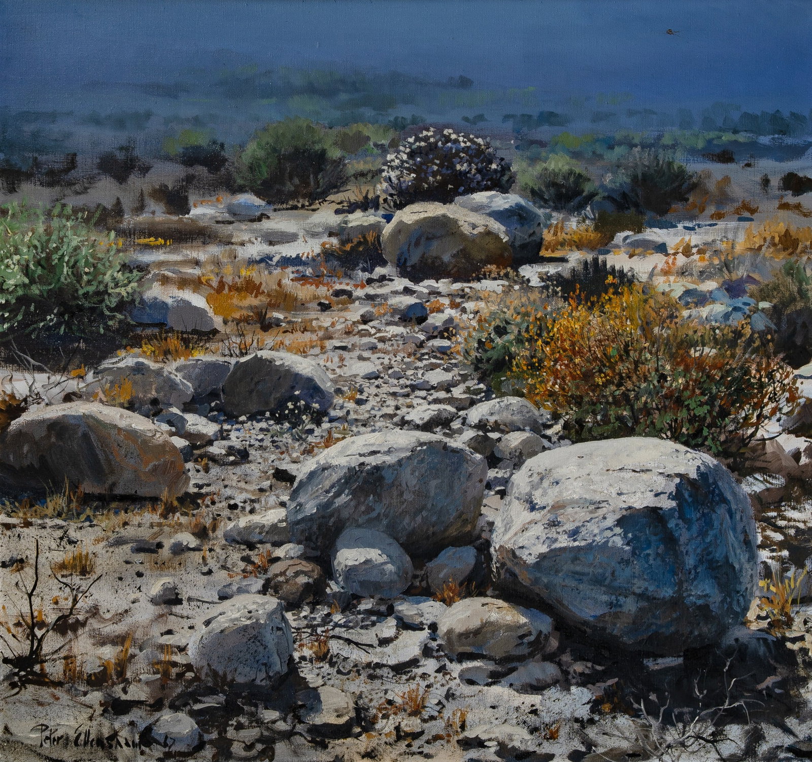 Peter Ellenshaw: English, 1913-2007 Rocky Landscape Signed Peter Ellenshaw (ll) Oil on canvas 28 x 30 inches (71.1 x 76.2 cm) Provenance: Hammer Galleries, New York No stranger to capturing magic within the everyday,