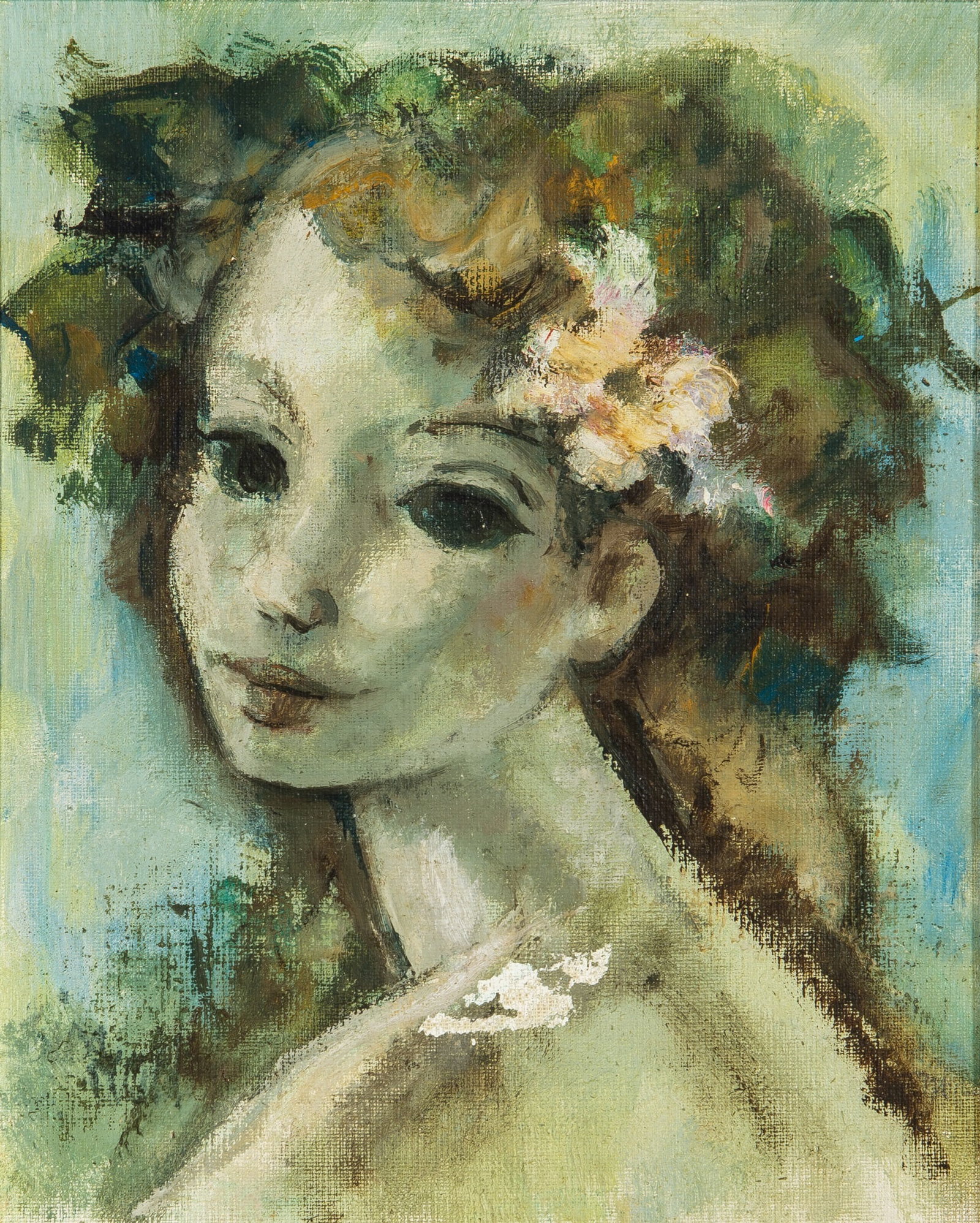 Boris Simon: French, 1913-1972 Portrait of a Girl with a Flower in Her Hair Oil on canvasboard 10 1/2 x 8 3/4 inches (26.7 x 22.2 cm) (Framed 15 1/2 x 13 1/2 inches) Area of loss to the figure's shoulder in the