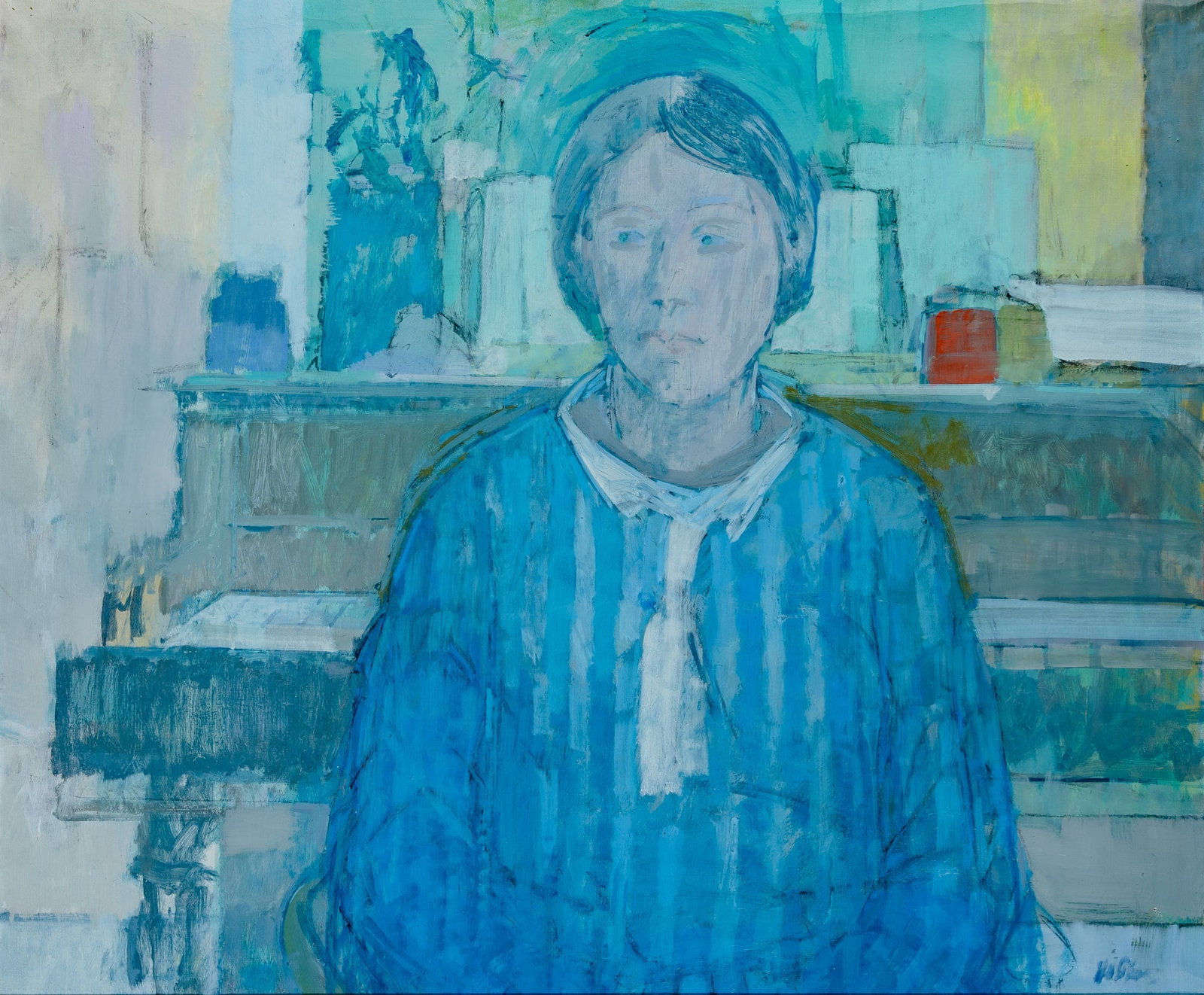 John Heliker: American, 1909-2000 Portrait of D Signed Heliker (lr) Oil on canvas 30 x 36 inches (76.3 x 90.5 cm) Provenance: Kraushaar Galleries, New York (Frame 33 3/4 x 39 5/8 inches) In good condition