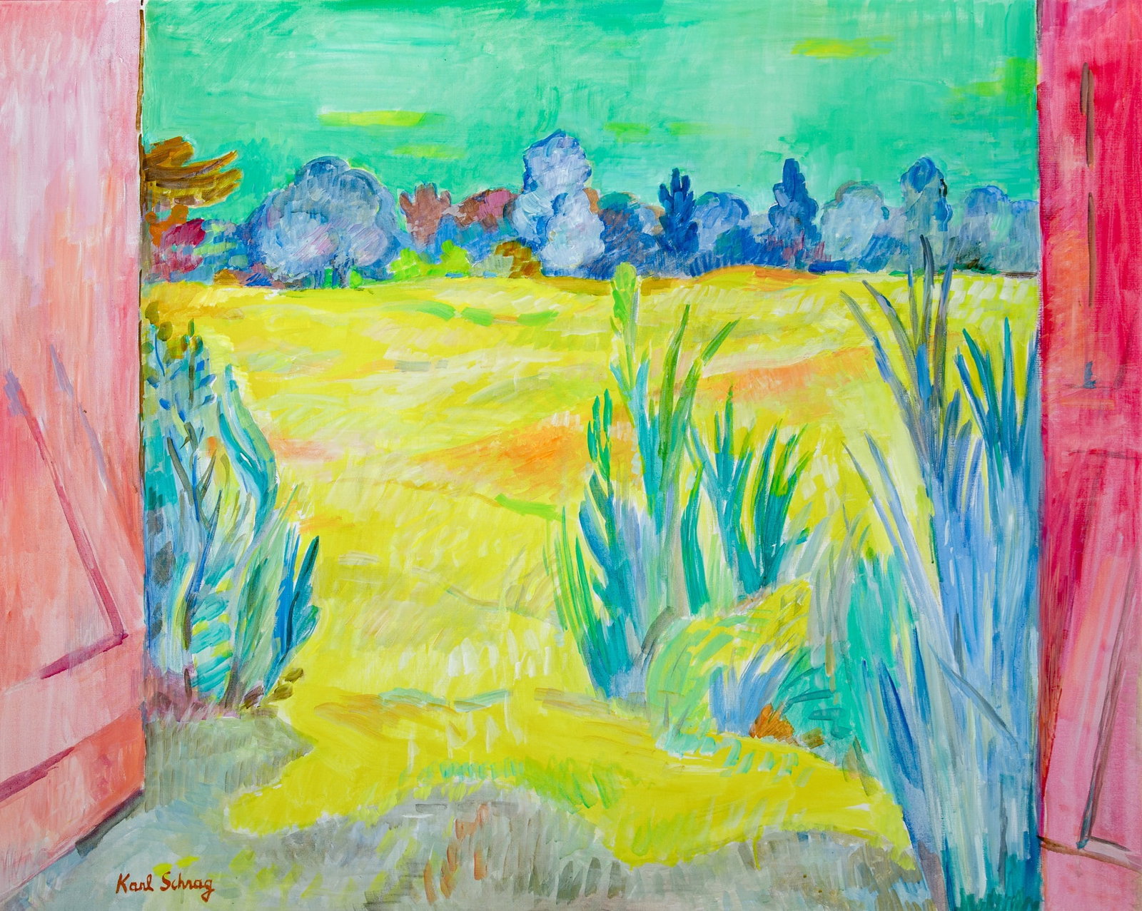 Karl Schrag: American, 1912-1995 Doors Open to the Field Signed Karl Schrag (ll) Oil on canvas 40 1/4 x 50 1/4 inches (102.2 x 127.6 cm) Provenance: Kraushaar Galleries, New York (Framed 42 3/4 x 53 1/8 inches)