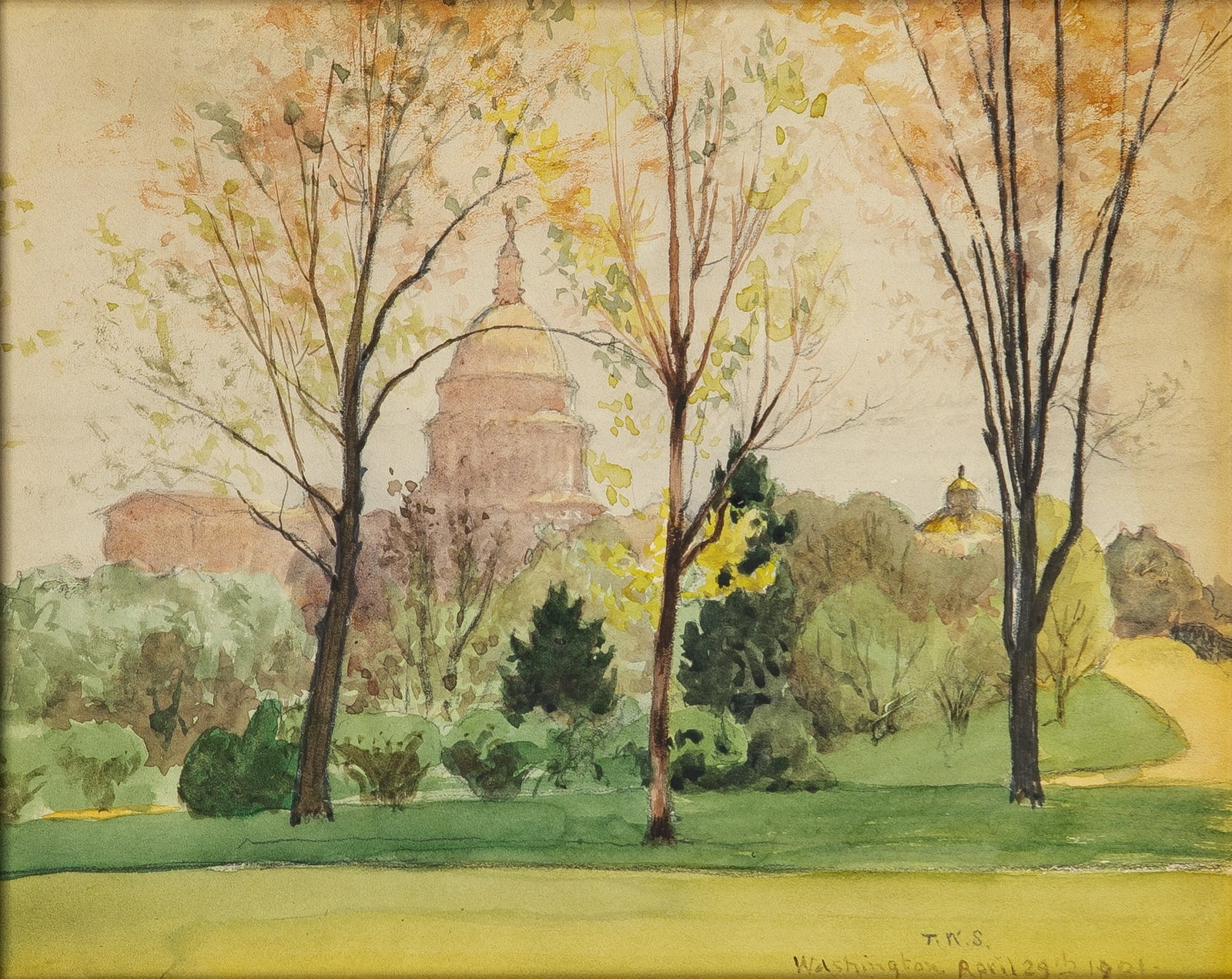 Thomas W. Shields: American, 20th century Washington, D.C. in Spring, 1901 Initialed T. W. S. and dated Washington. April 29th 1901. (lr) Watercolor on paper Sight 8 3/4 x 11 3/4 inches (22 x 30 cm) (Framed 16 5/8 x 18
