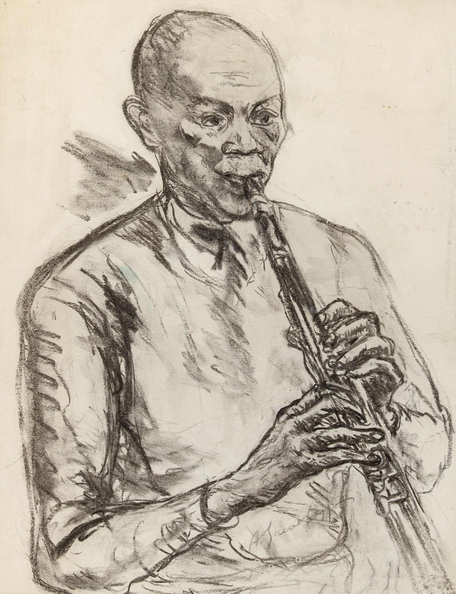 Alexandre Evgenievich Yakovlev: Russian, 1887-1938 Clarinetist Signed A. Iacovleff (lr) Chalk on paperboard 20 3/4 x 16 inches (52.7 x 40.6 cm) (Framed 28 3/4 x 24 1/2 inches) Some wear along the board edges along with handling