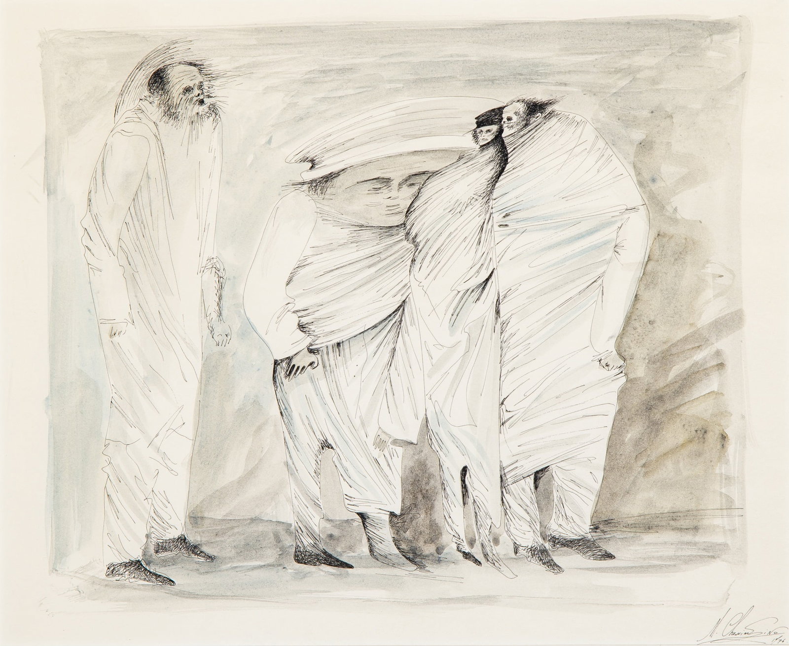 Mihail Chemiakin: Russian, b, 1943 Untitled (Figures), 1976 Signed and dated M. Chemiakine 1976 (lr) Ink and wash on paper 9 3/4 x 12 3/4 inches (24.8 x 32.4 cm) (Framed 14 x 16 inches) In overall good condition.