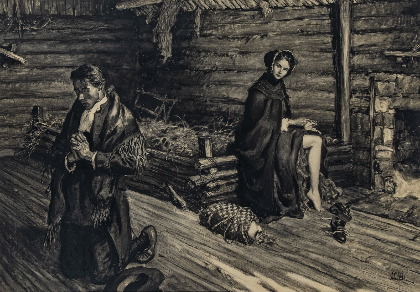 Amos Sewell: American, 1901-1983 In Prayer Signed Amos Sewell (lr) Ink and charcoal on paper Sight 25 1/2 x 35 1/2 inches (64.8 x 90.3 cm) (Frame 38 1/2 x 49 1/2 inches) Not viewed out of the frame. To all