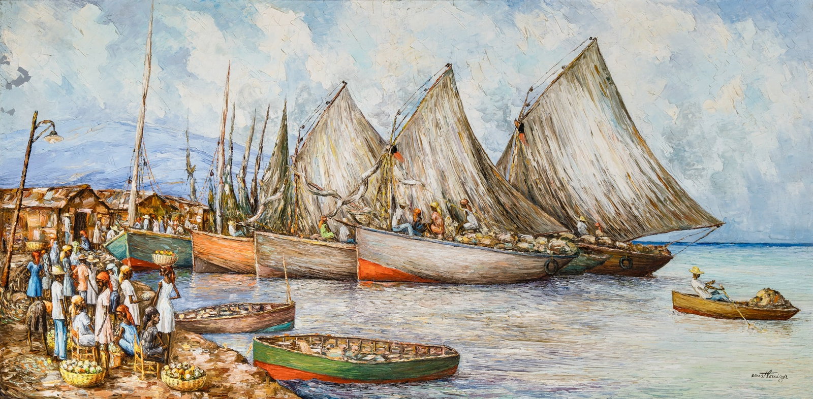 Ernst Louizor: Haitian, 1938-2011 Harbor Scene Signed ernstlouizor (lr) Oil on canvas 24 x 48 inches (61 x 121.9 cm) (Framed 31 1/2 x 55 1/2 inches) Flake losses in the upper left quadrant.
