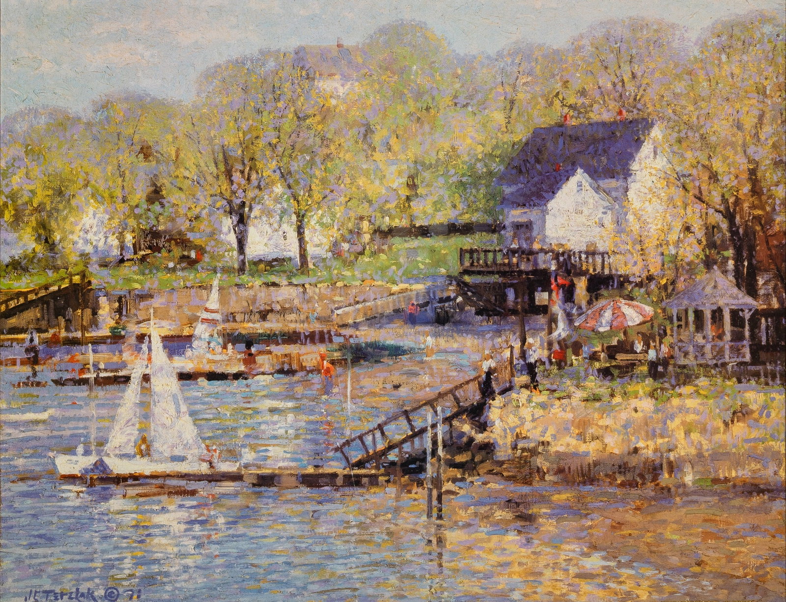 After John Terelak: A Summer Harbor Offset reproduction on board Overall framed 31 1/2 x 37 inches (80 x 94 cm) Few faint abrasions to the image. Small scattered losses and rubbing to the frame.