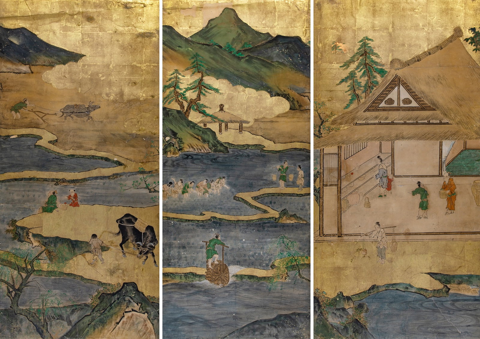 Three Japanese Paintings Edo Period: Ink, color and gold leaf on paper; each depicting figures in landscape scenes. (Sight of largest 53 1/2 x 23 1/2 inches)