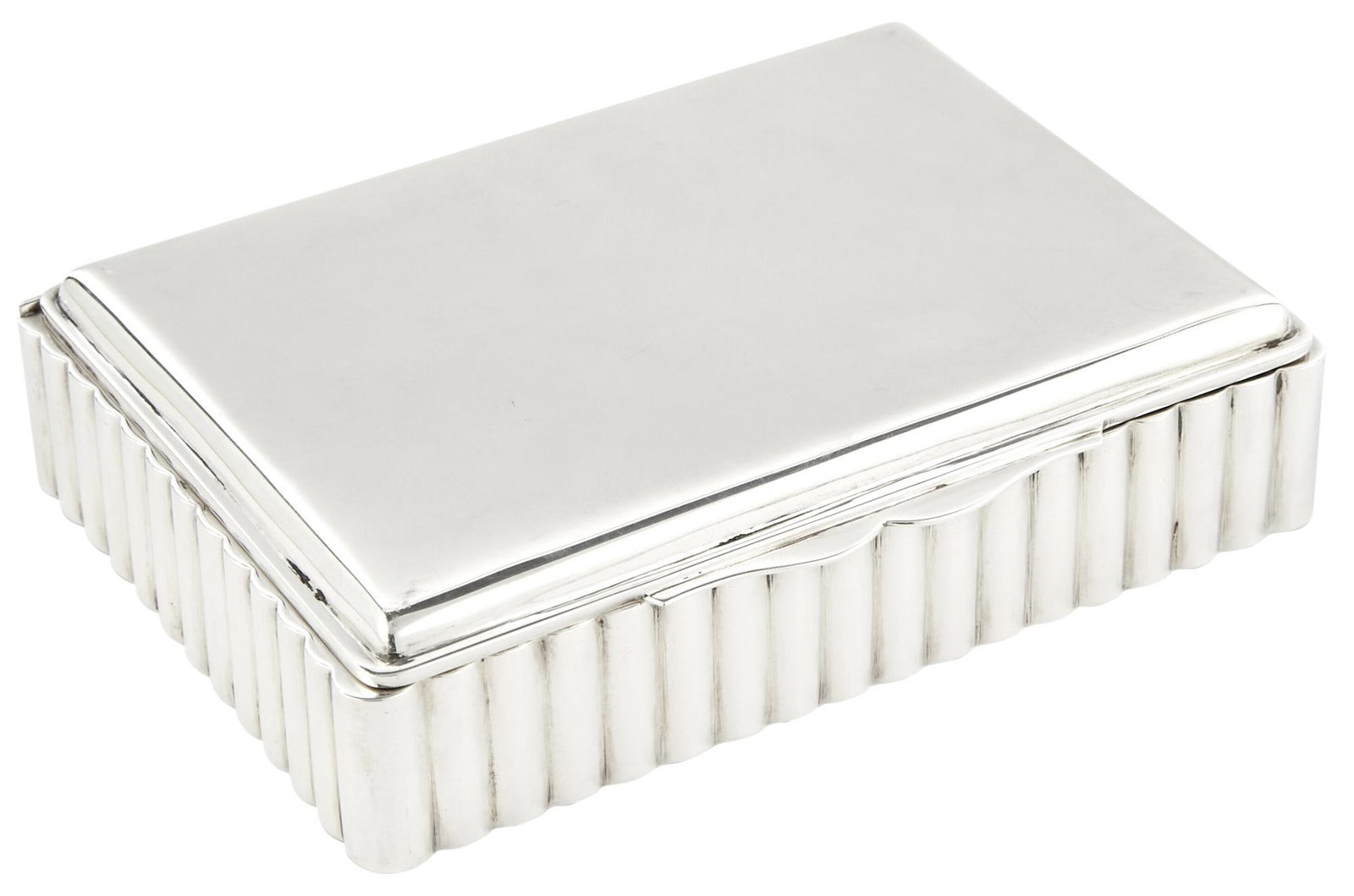 American Sterling Silver Table Box: 20th Century Rectangular with ribbed body. Length 6 1/2 inches, weighted.