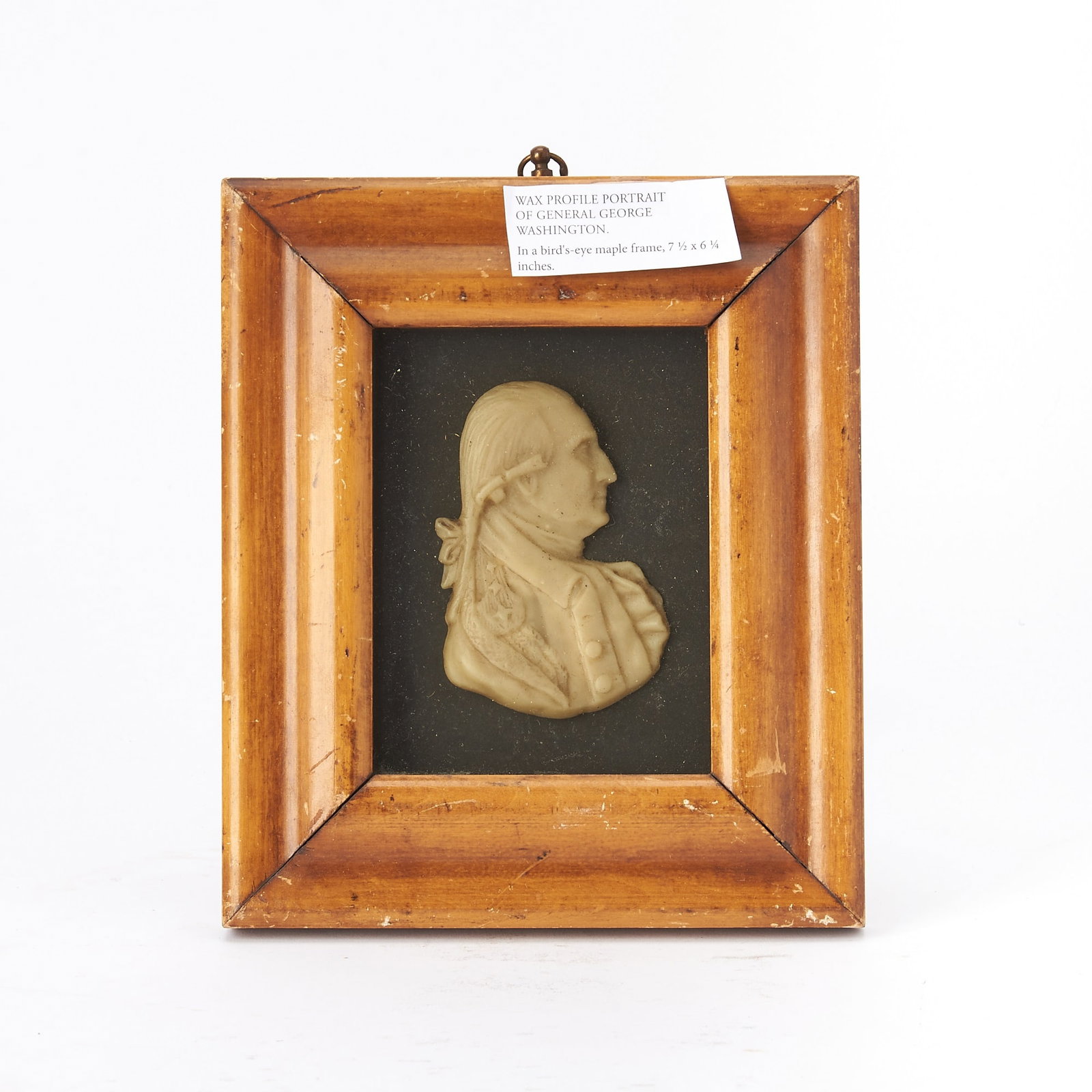 Miniature Wax Profile Portrait Bust of George Washington: 19th Century The bust mounted in a shadowbox with molded frame. Bust height 3 1/2 inches, frame overall 7 1/2 x 6 1/4 inches. Provenance: Northeast Auctions, 26 May 2012, lot 726. imperfections to