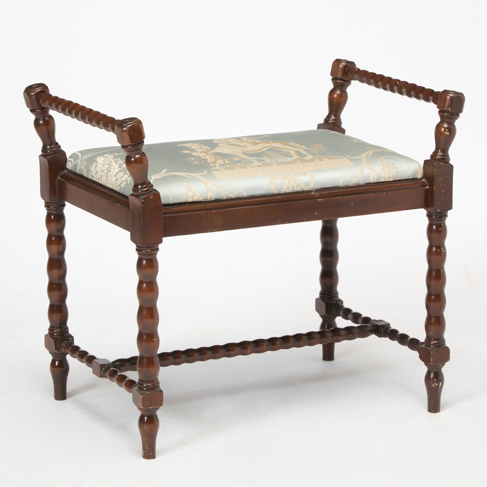 Regency Style Mahogany Bobbin-Turned Bench: Height 23 1/2 inches, width 26 1/2 inches, depth 16 1/4 inches. scratches and wear