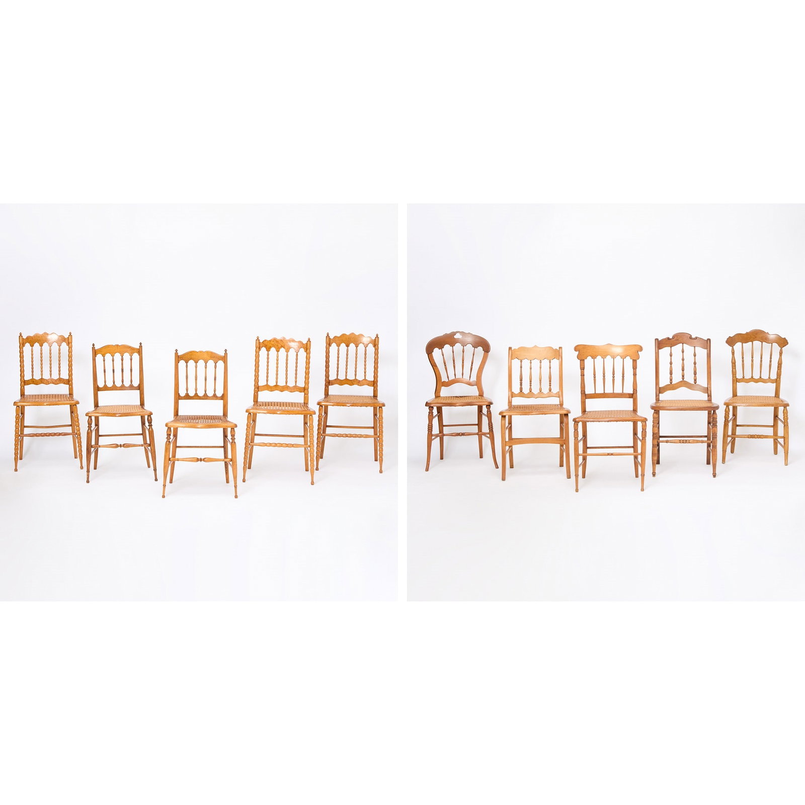 Assembled Set of Ten Victorian Caned Seat Side Chairs: 19th Century Average size height 34 inches, width 17 inches, depth 16 inches. including pine example, bird's eye maple, etc.