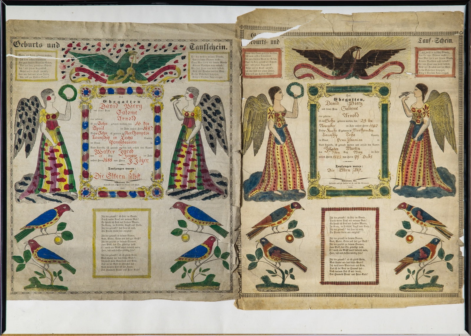 Two Printed and Handcolored Birth and Baptismal Taufschein (1 of 1)