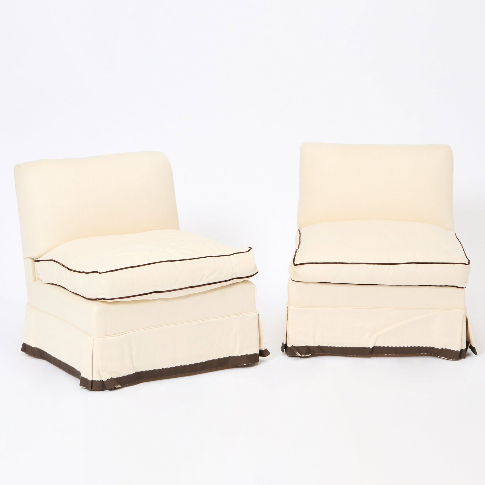 Pair of Billy Baldwin Upholstered Slipper Chairs: Height 31 inches, width 27 1/2 inches, depth 28 inches.