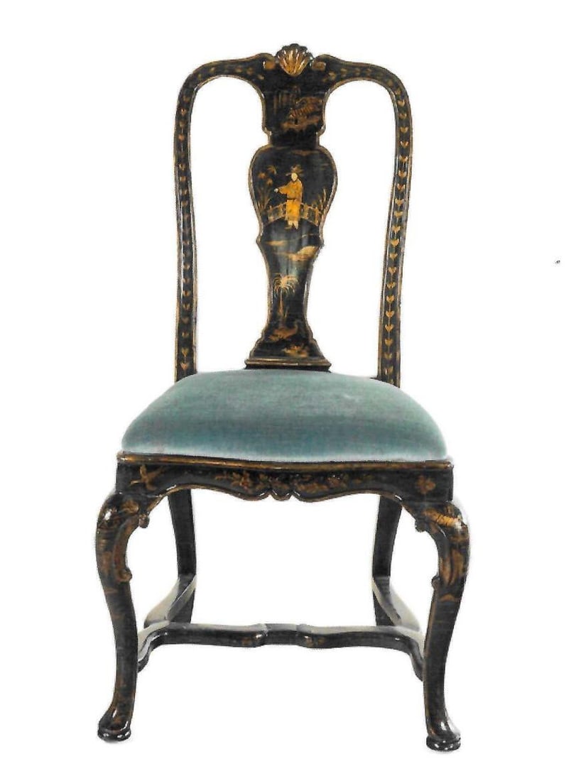 Continental Baroque Style Chinoiserie Painted Side Chair: 19th Century Raised Chinoiserie decoration on a dark green background. Height 42 inches, width 20 inches, depth 17 inches.