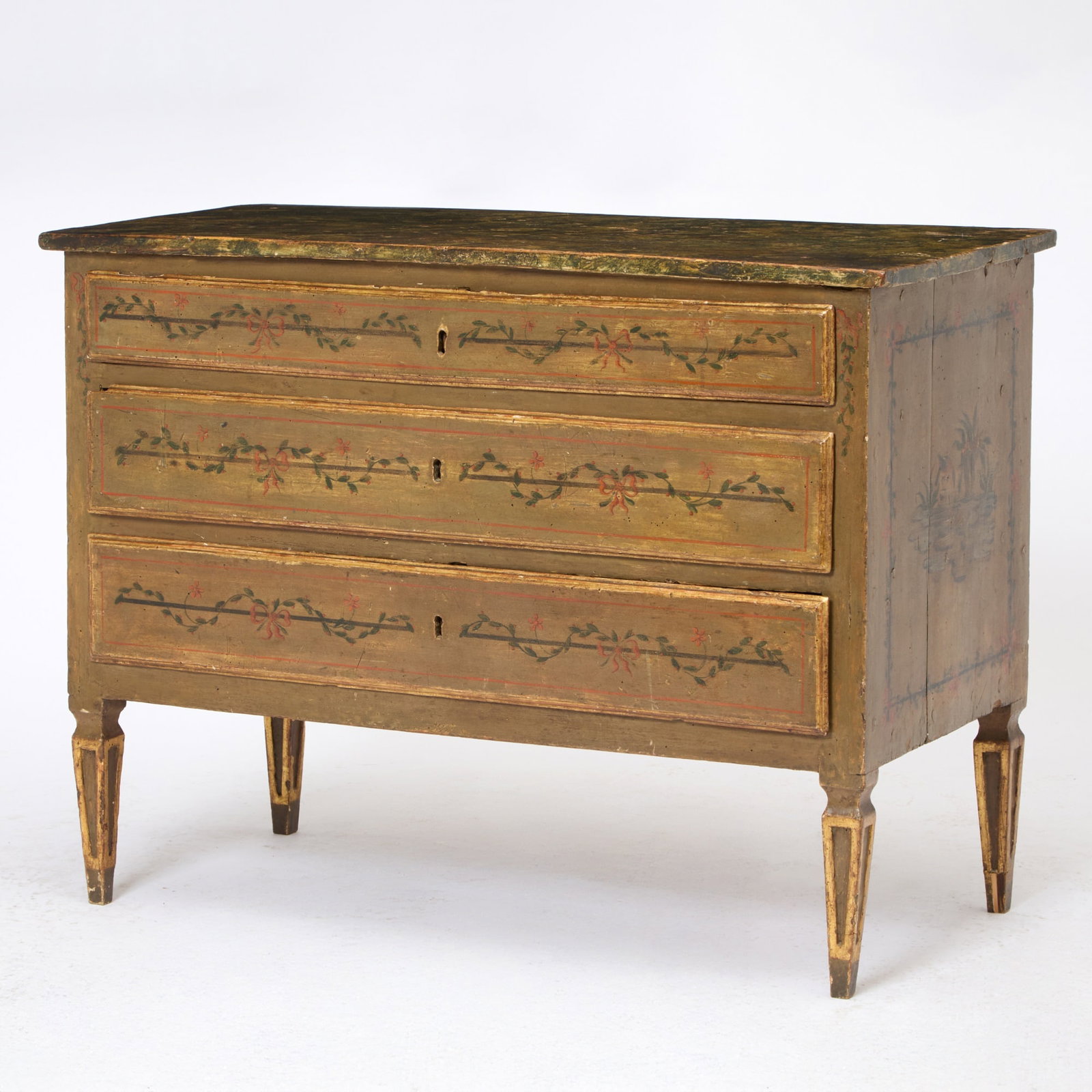Italian Neoclassical Paint Decorated Chest of Drawers: Late 18th century The faux marble painted top over three drawers. Height 36 inches, width 48 inches, depth 23 inches