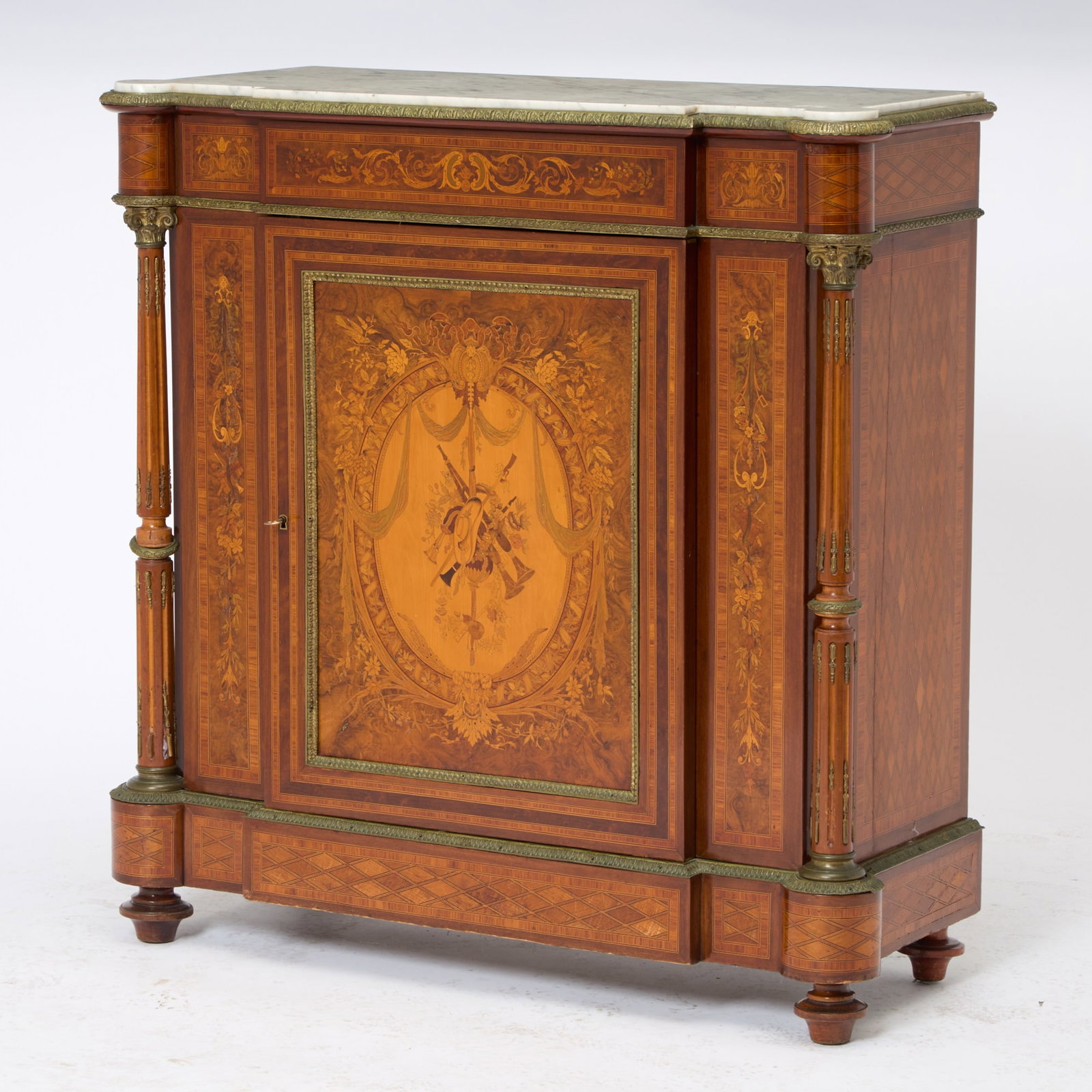 Napoleon III Marble Top Inlaid Cabinet: Late 19th century The top and sides with fine marquetry and parquetry inlay in walnut, rosewood, satinwood and other exotic woods. Height 43 1/2 inches, width 43 inches, depth 17 1/2 inches