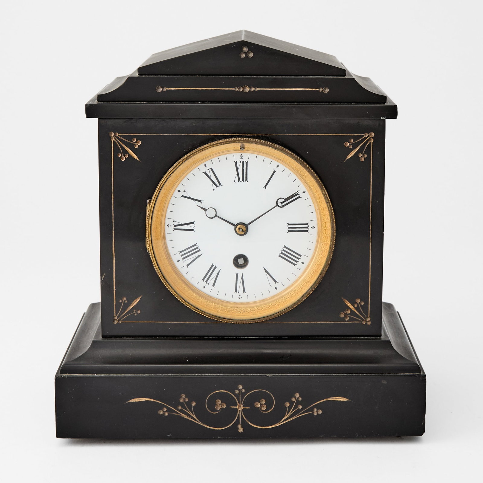 French Neoclassical Style Belgian Marble Mantel Clock: 19th Century Of temple form, with a circular white enameled dial with black Roman numerals. Height 9 3/4 inches, width 9 inches, depth 5 1/2 inches. Please Note: Doyle does not provide condition repor