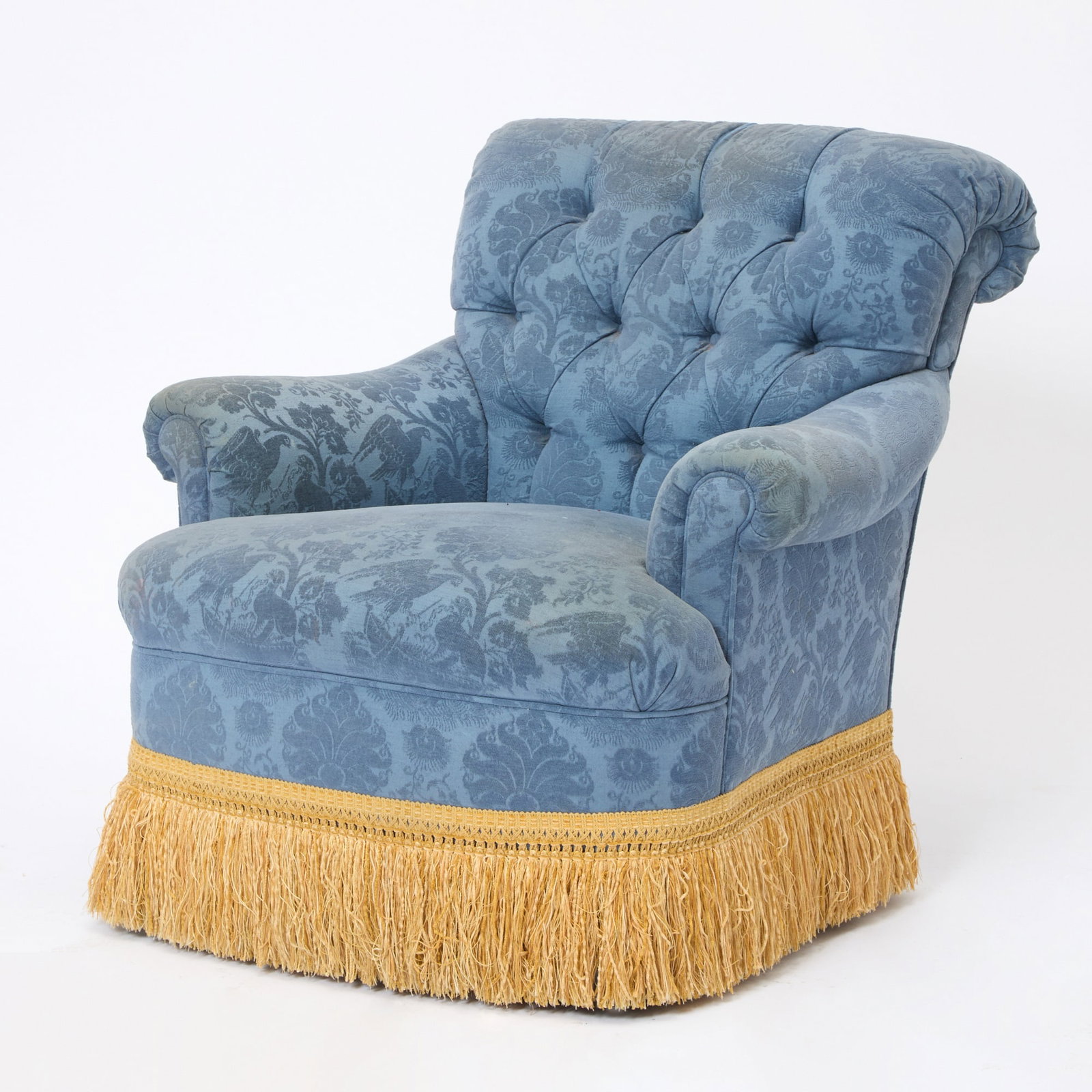 Edward Ferrell Upholstered Club Chair: Height 33 1/2 inches, width 33 1/2 inches, depth of seat 22 inches, height of seat 17 inches. wear to arms; soiling to upholstery