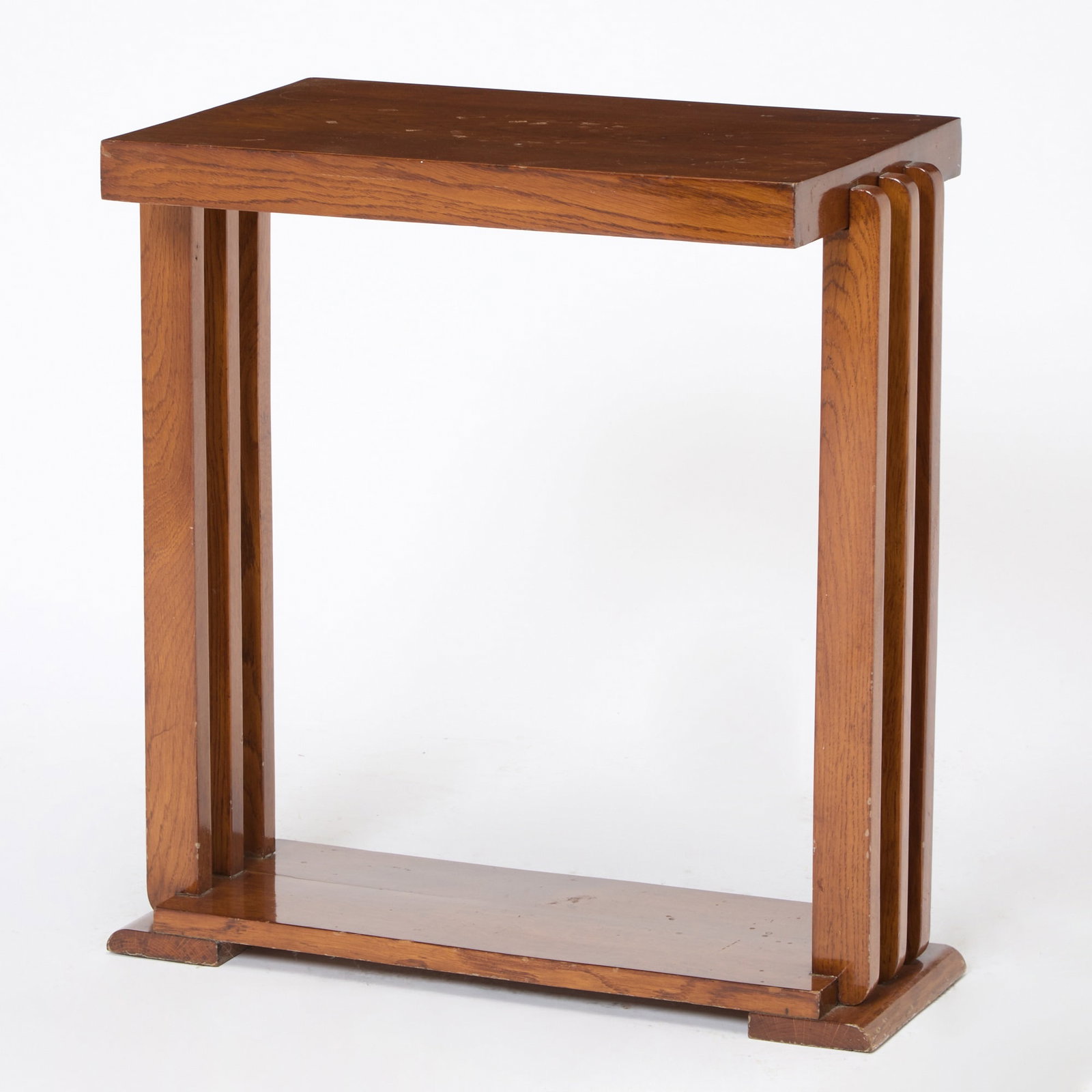 Art Moderne Oak Occasional Table: Height 27 1/2 inches, width 25 inches, depth 15 1/4 inches. marks to top; edgewear