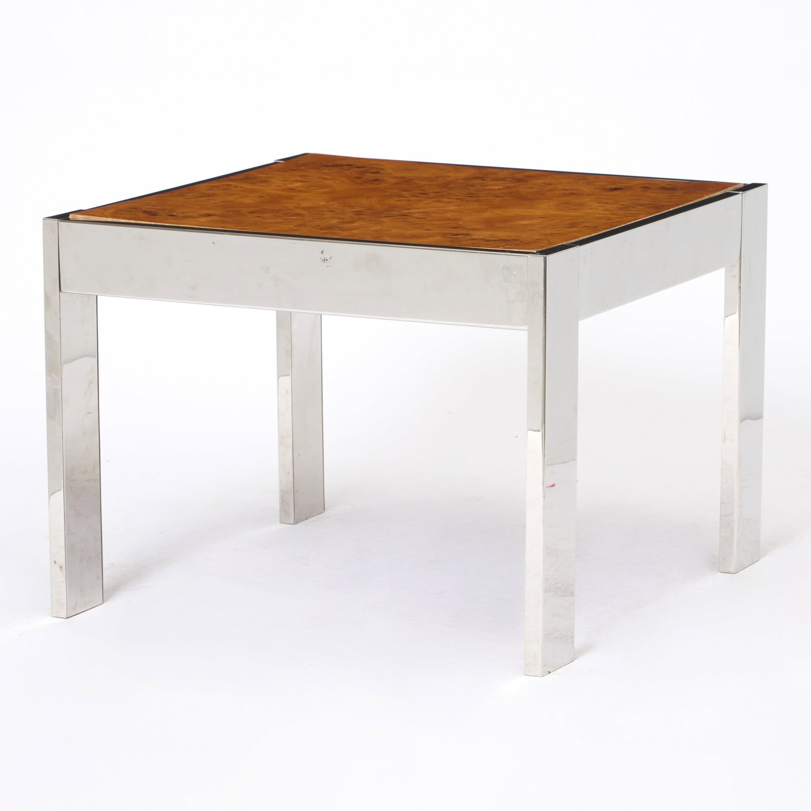 Stainless Steel and Burlwood Coffee Table: Height 22 inches, 30 inches, square.