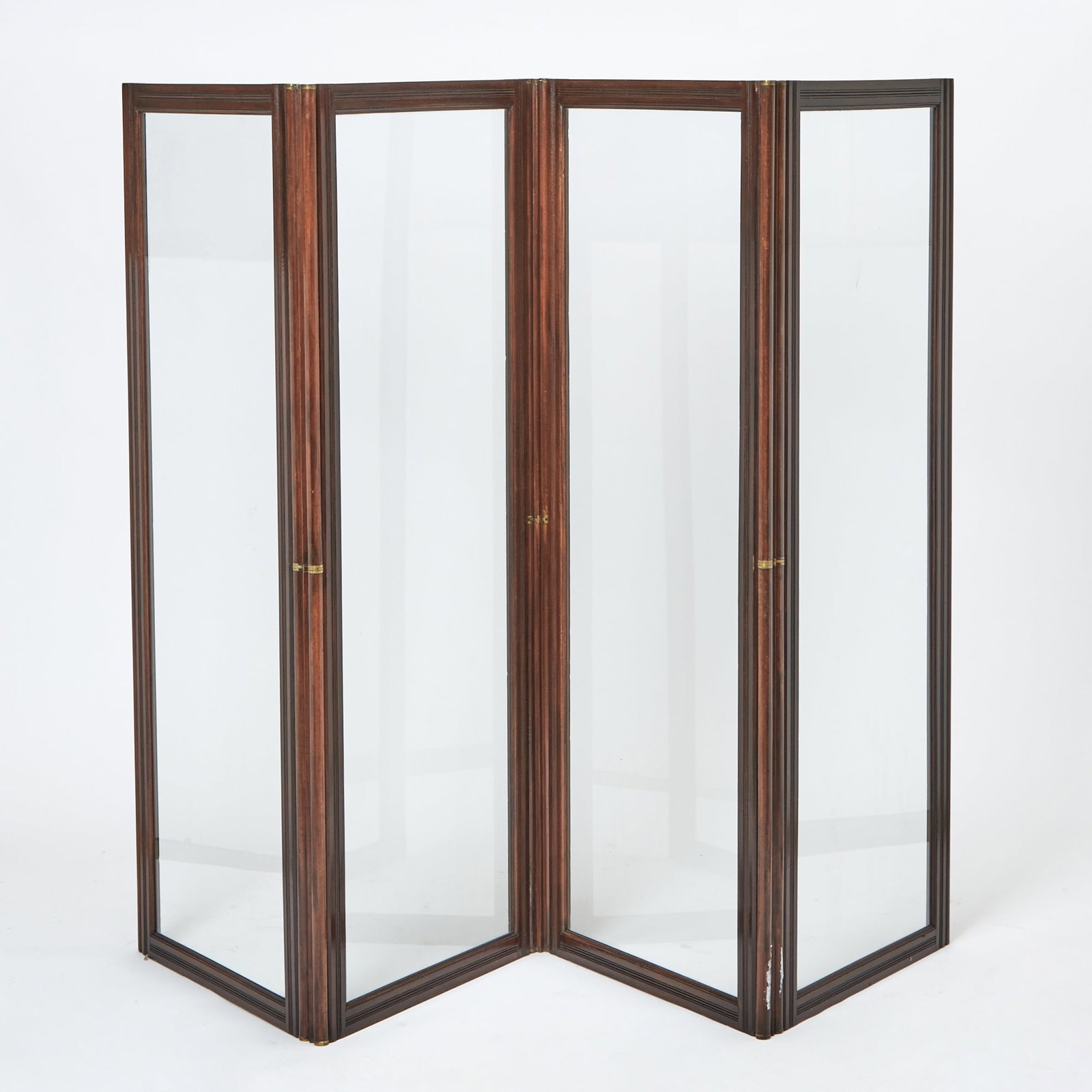 Continental Mahogany and Glass Four-Panel Fold Floor Screen: Late 19th century each panel height 62 inches, width 25 3/4 inches Provenance: Property from the Collection of Craig Wright. Andrew Jones Auctions, September 21, 2022, lot 111.