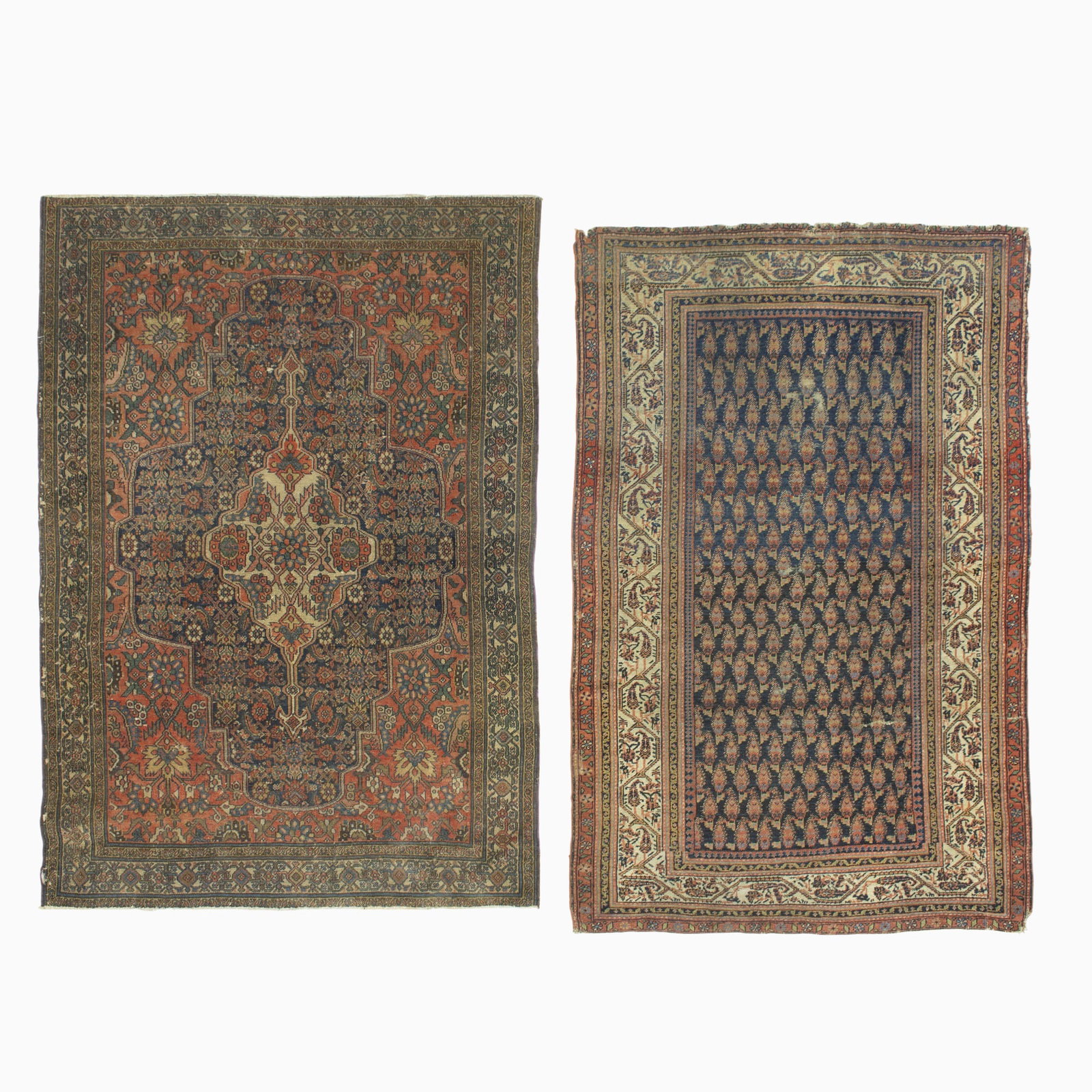 Two Persian Rugs: A Bibikabad Rug together with a Saraband Rug. (6' 8" x 4' 8" and 6' 5" x 4' 3" respectively) Bibikabad - Partial ends, minor moth damage, areas of wear, re-wrapped selvedges Saraband - Partial ends,
