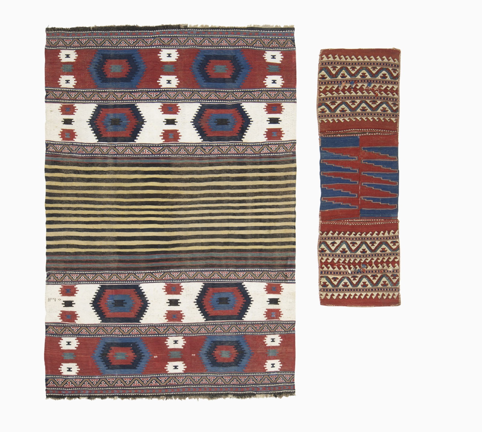 Shasavan Kilim: Northwest Persia, Dated 1310AH/1893AD Having a striped field flanked by eight hexagonal saw-tooth medallions. Together with a South Persian flat-woven saddlebag. (5' 9" x 4' 0" and 4' 2" x 1' 3"