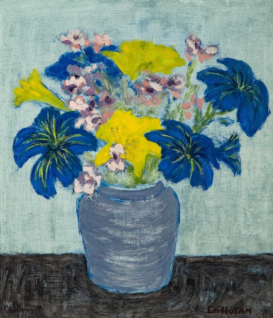 Robert Lewis Lahotan: American, 1927-2002 Salpiglosis and Scianthus Signed LA HOTAN (lr) Oil on canvas 14 x 12 inches (35.6 x 30.5 cm) Provenance: Kraushaar Galleries, New York (Framed 17 1/2 x 15 1/2