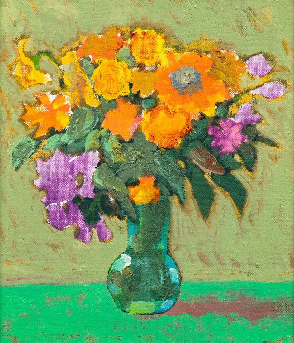 Joe (Joseph Leon) Lasker: American, 1919-2015 Flowers in a Green Vase Signed Lasker (lc) Oil on canvas 11 1/8 x 10 (28.2 x 25.4 cm) Provenance: Kraushaar Galleries, New York (Framed 13 3/4 x 12 1/2 inches