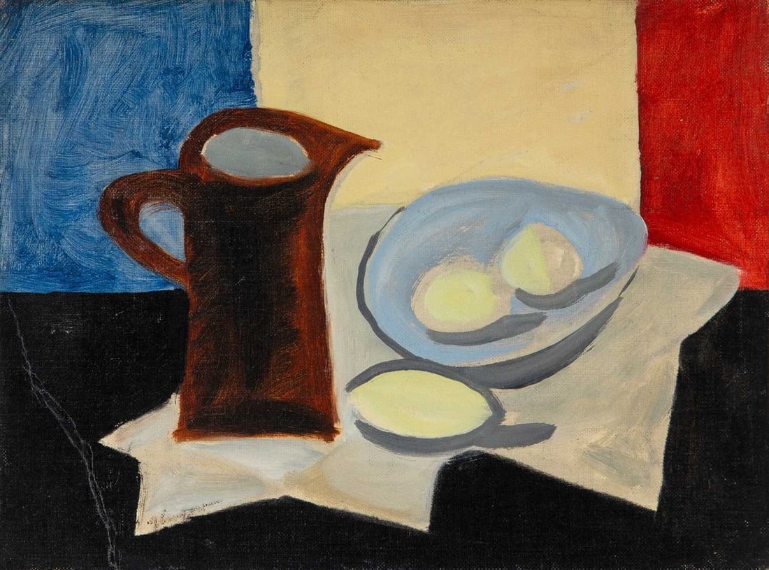 Bernard Glasgow: American, 1914-1986 Still Life with Lemons and a Pitcher Oil on canvasboard 9 x 12 inches (22.9 x 30.5 cm) Unframed In overall good condition. Minor canvas wear along the edges. Diagonal bend to canva