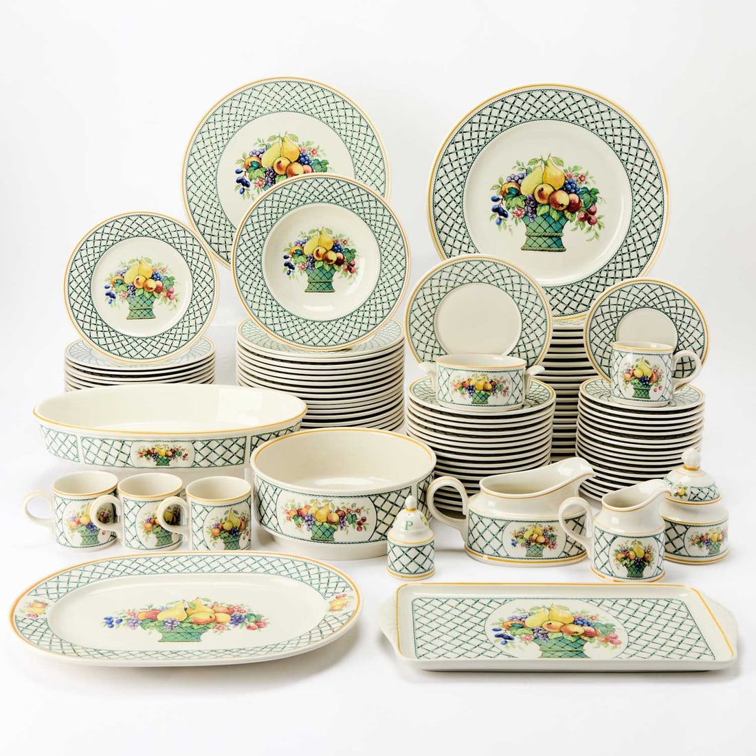 Large Villeroy & Boch Porcelain "Basket" Pattern Dinner Service: Circa 1983-2007 Comprising: Twenty large service plates, diameter 12 3/4 inches Eighteen soup bowls with leaf-form handles, height 2 1/8 inches, diameter 4 1/4 inches Seventeen soup bowl underpla