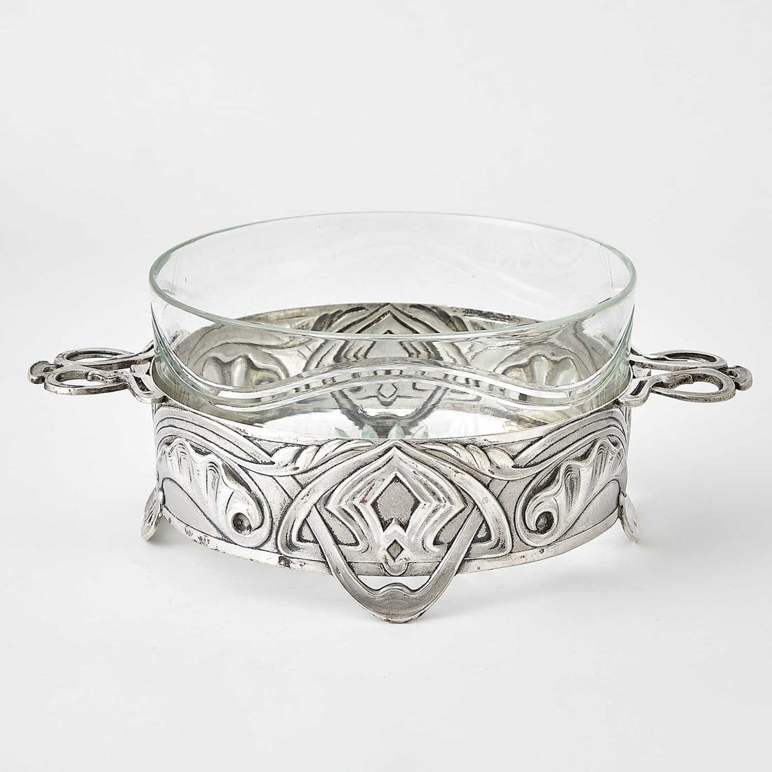 Continental Art Nouveau Silver and Glass Centerpiece Bowl: Height 3 3/4 inches, length over handles 10 inches, approximately 9 ounces, weighable.