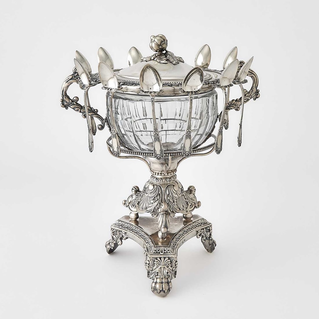 French Silver and Glass Covered Sugar Bowl: Height over cover 11 3/4 inches, weighted. Generally good condition overall; over polished with loss to color With eleven demitasse spoons