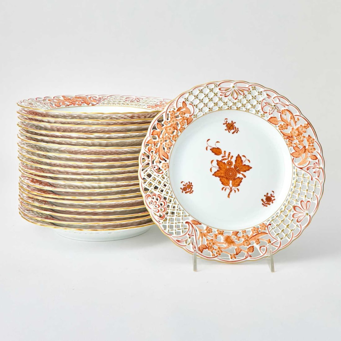 Set of Nineteen Herend Pierced Porcelain "Chinese Bouquet Rust" Pattern Plates (1 of 2)