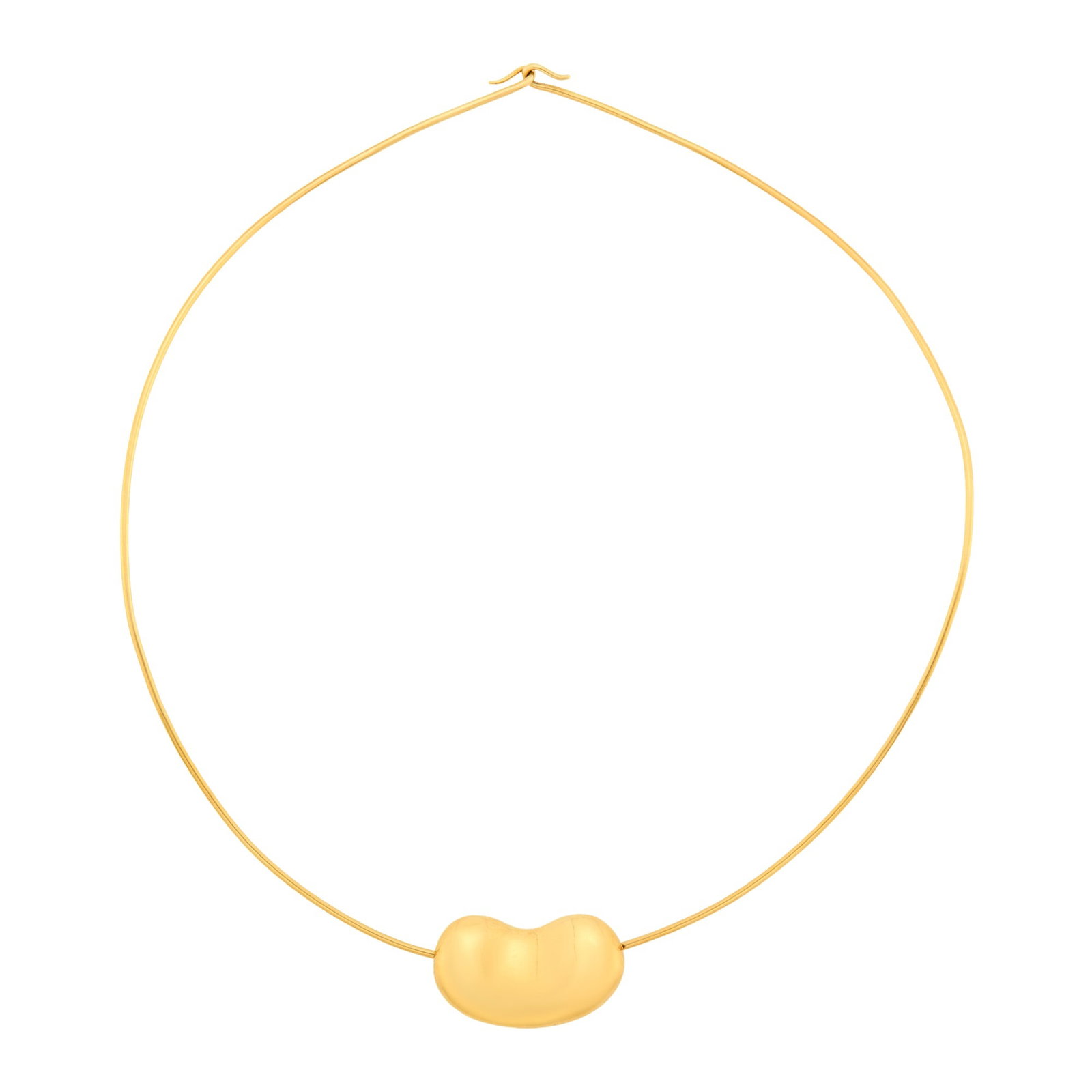 Tiffany & Co., Elsa Peretti Gold 'Bean' Torque Necklace: 18 kt., bean enhancer signed Tiffany & Co., Peretti, torque unsigned, ap. 10.4 dwts. Inner cir. 14 7/8 inches. Normal wear, minor scratches to bean. Minor patina on reverse. Bean 1 1/16 x 5/8 inch