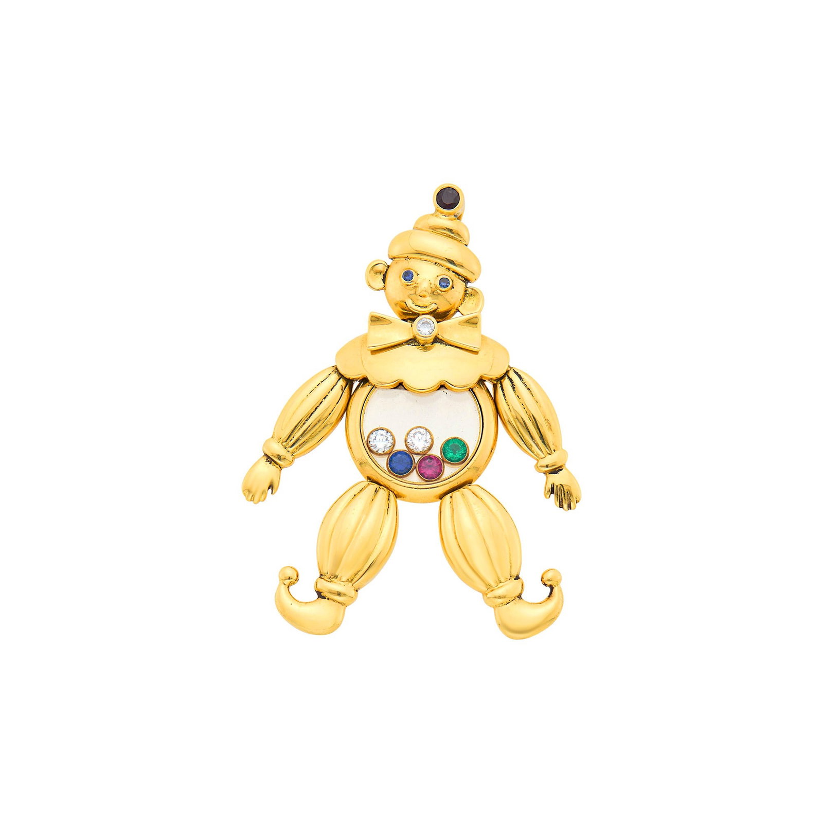 Chopard Gold, Rock Crystal, Diamond and Gem-Set 'Happy Diamond' Clown Pendant: 18 kt., 2 'floating' round diamonds, one round sapphire, ruby and emerald between two rock crystal discs, one small round diamond and sapphire, 2 small round sapphire eyes, signed Chopard, Geneve, Luc