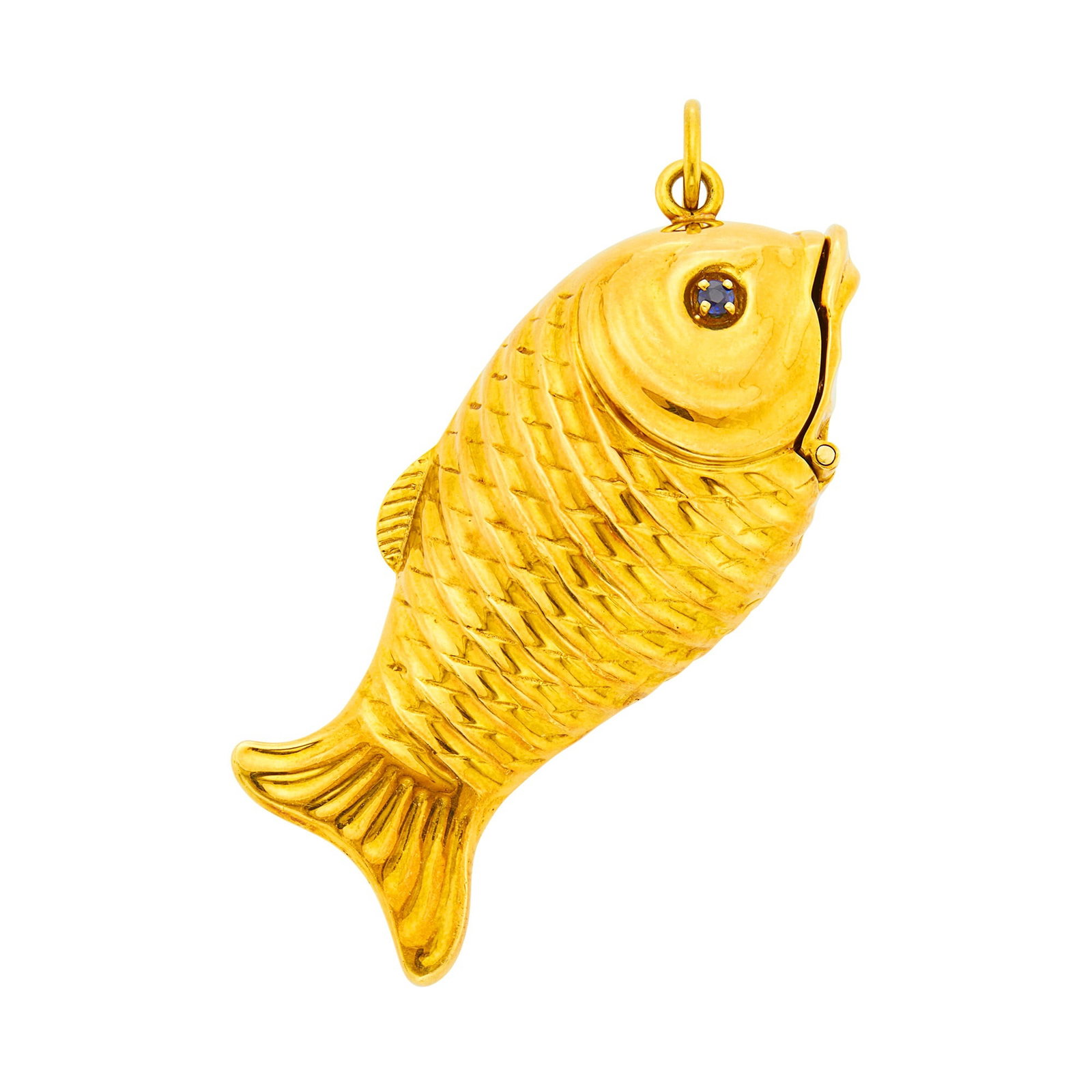 Gold and Sapphire Fish Pill Case Pendant: 18 kt., 2 round sapphire eyes, ap. 21 dwts. 2 1/2 x 1 inches.
