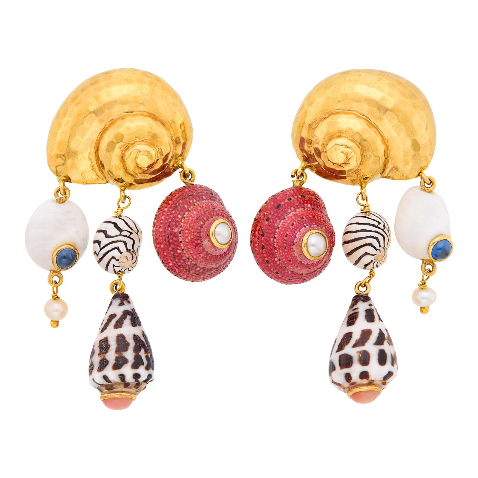 Maz Pair of Hammered Gold, Shell, Cabochon Sapphire, Angel Skin Coral and Cultured and Split Pearl: 14 kt., eight vari-shaped and colored shells, 2 round cabochon sapphires, 2 round cabochon angel skin coral, 2 pearls ap. 3.8 mm., 2 small split pearls, signed Maz, ap. 20 dwts. gross. Chipping visibl
