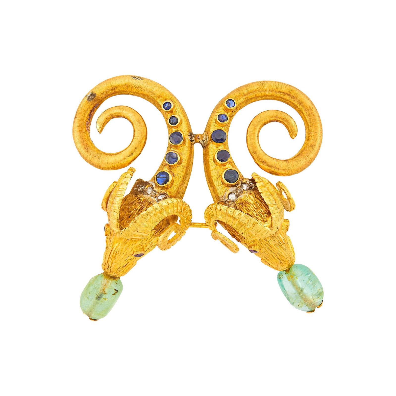 Zolotas Gold, Emerald Bead, Sapphire and Diamond Ram's Head Brooch: 18 kt., 2 oval emerald beads, 10 small round sapphires, 4 small rose-cut diamonds, signed Greece, with maker's marks, ap. 15.5 dwts. Emerald beads: light sea green, included, surface-reaching, transpa
